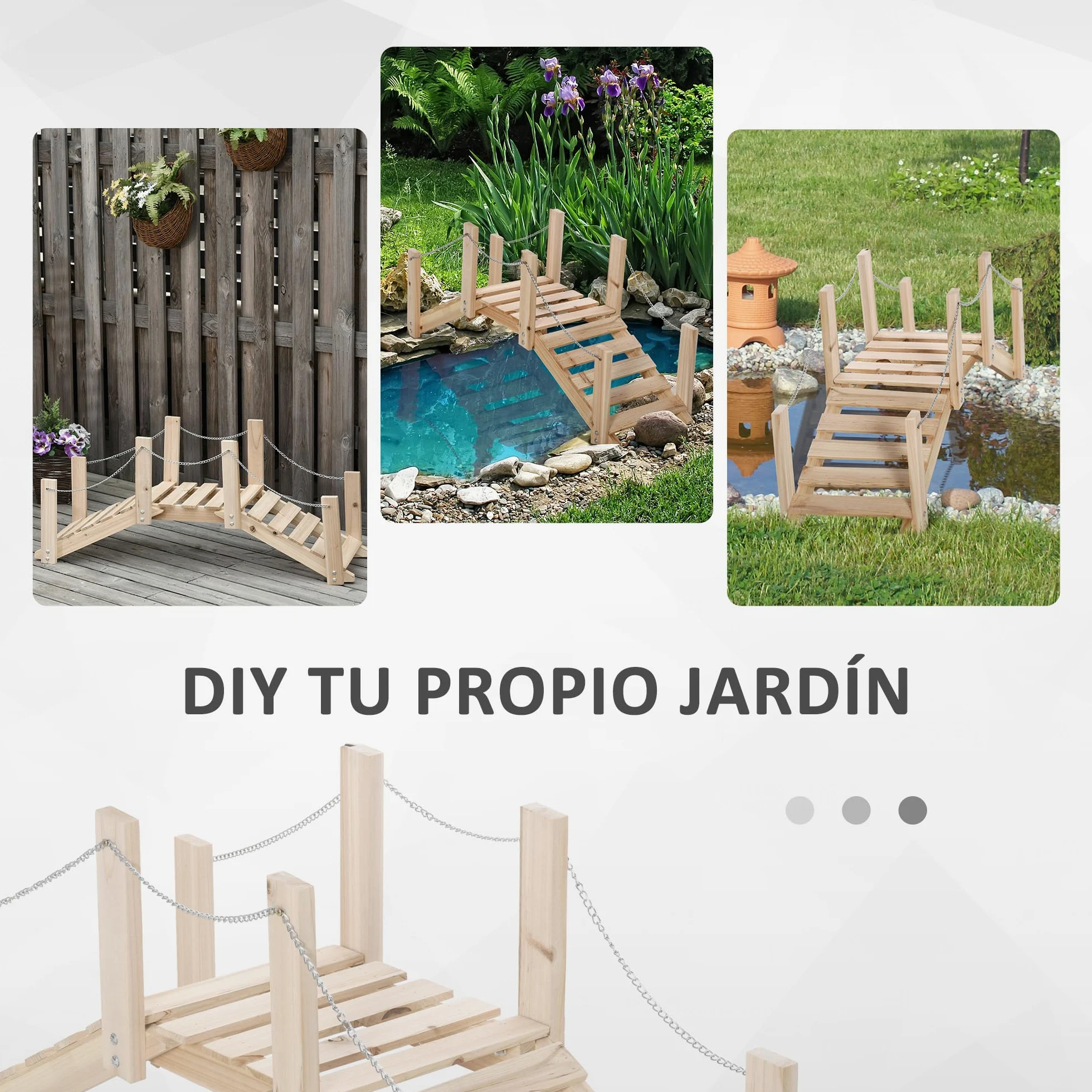 Outsunny Puente de Jardín de Madera con Pasamanos de Cadenas Metálicas Decorativo 100x32x48 cm