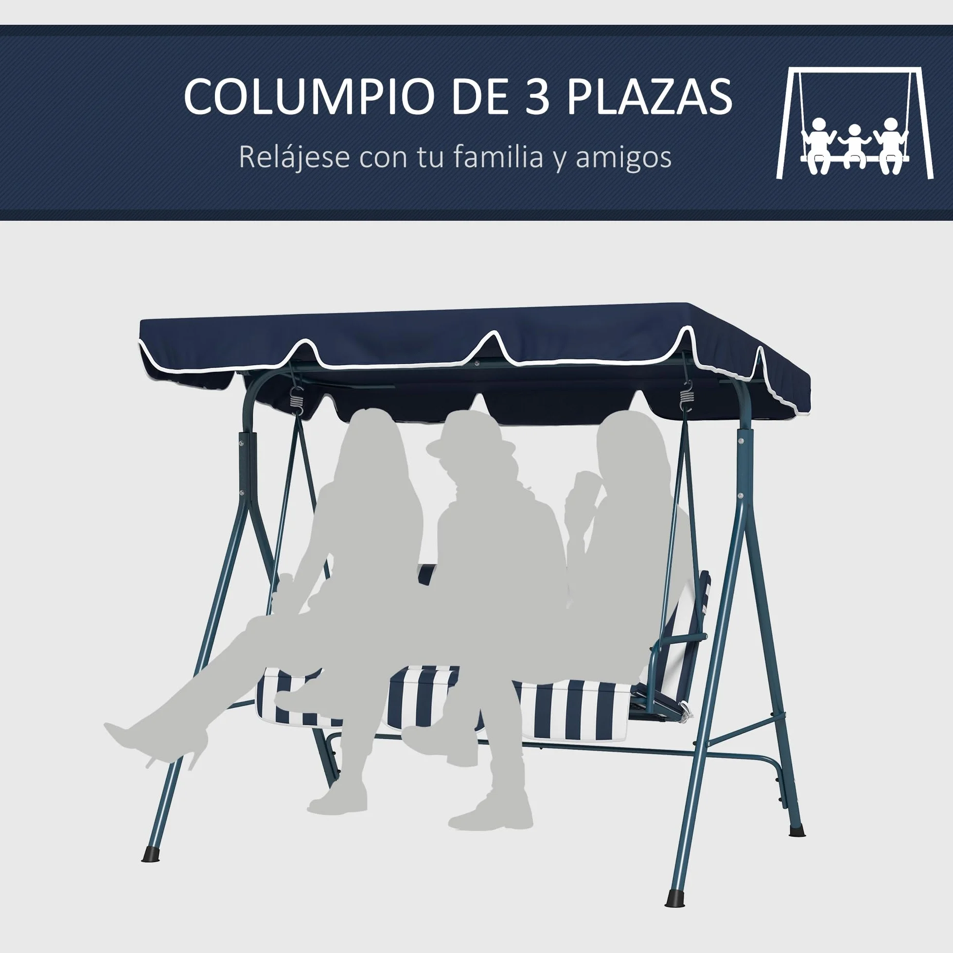 Outsunny Columpio de Jardín Exterior de 3 Plazas, Balancín de Jardín Exterior con Techo Ajustable y Marco de Acero, para Balcón, Terraza, Patio, Carga 240 kg, 172x110x153 cm, Raya Azul