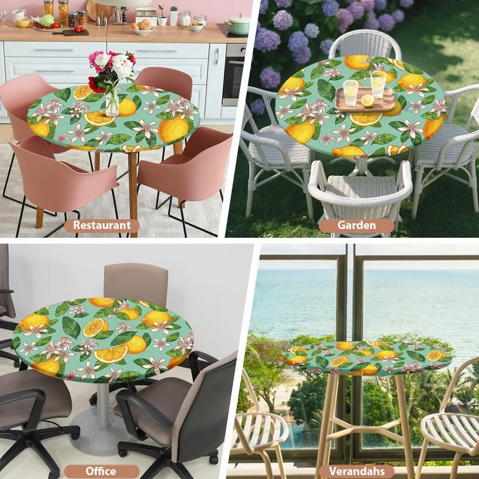 Yuragim Mantel redondo para exteriores con goma elástica, 90 cm, redondo, lavable, para exteriores, resistente a la intemperie, mantel elástico para jardín con estampado de limón, apto para mesas de