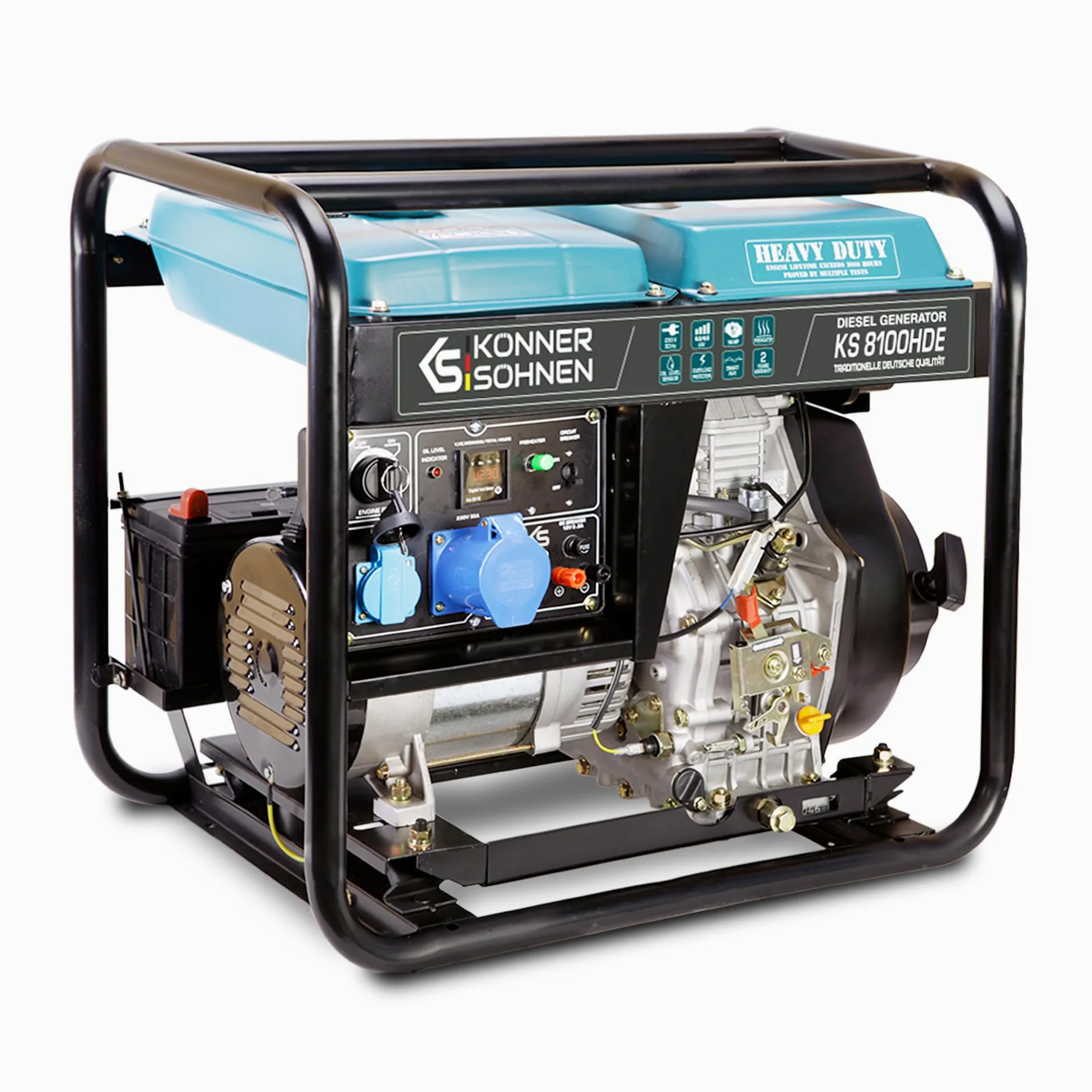Könner & Söhnen KS 8100HDE Generador de corriente, 14 CV, motor diésel de 4 tiempos, arranque electrónico, precalentador, AVR ,1 x 16 A, 1 x 32 A (230 V) generador 6 kW