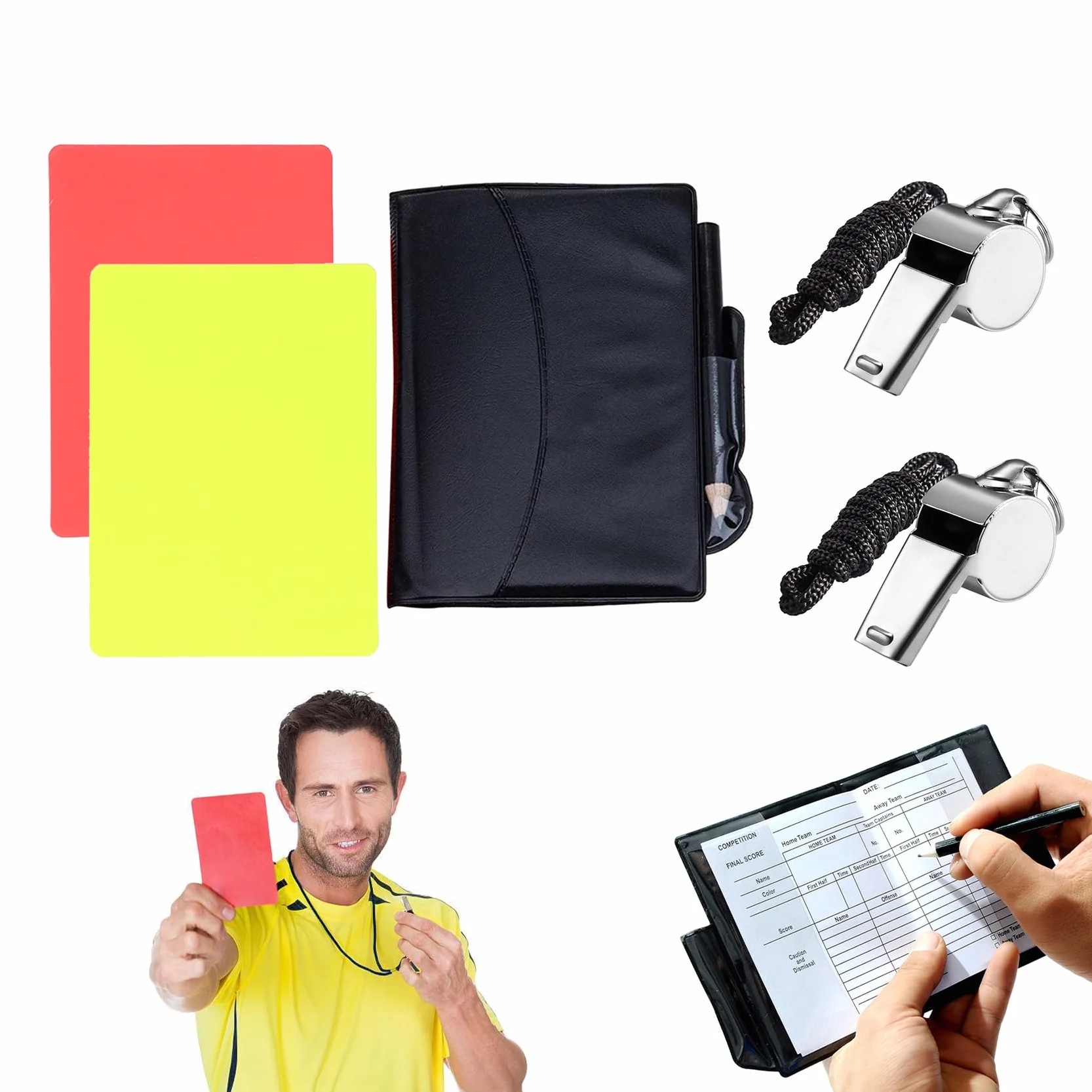 Silbato de Acero Inoxidable Kit de Tarjetas de Árbitro Tarjetas Amarillas y Rojas Fútbol con Lápiz