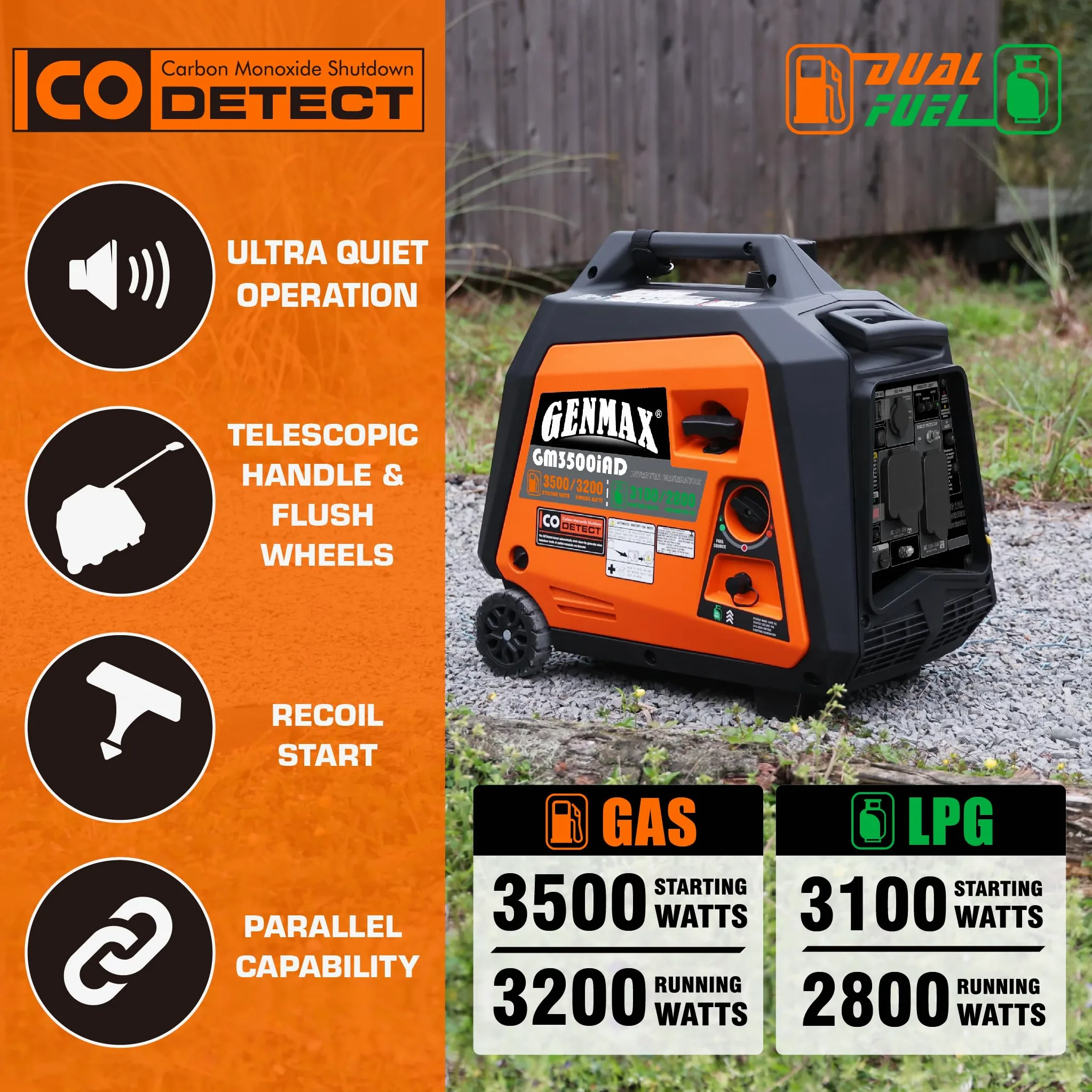 GENMAX Generador inversor portátil, motor de gas o propano súper silencioso de 3500 W con capacidad paralela, arranque manual, ideal para acampar, viajes al aire libre. Cumple con la EPA