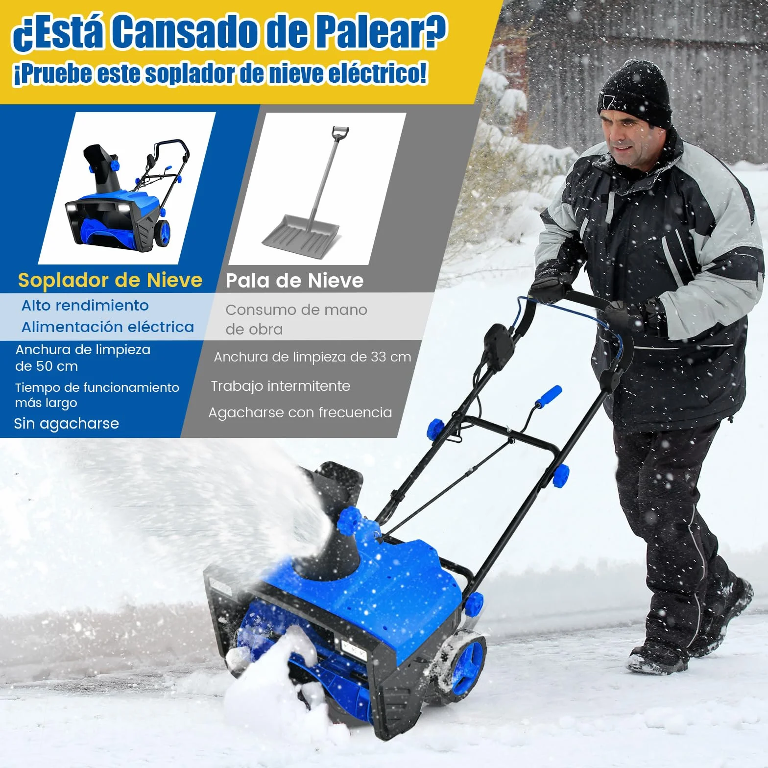 COSTWAY Quitanieves Eléctrico, 2300w, 3000RPM, Chorro Giratorio de 180°, Pala de Nieve con Ruedas y Cable, Distancia de Lanzamiento de 9 M, Máquina Quitanieves con Luces LED Duales (Azul)