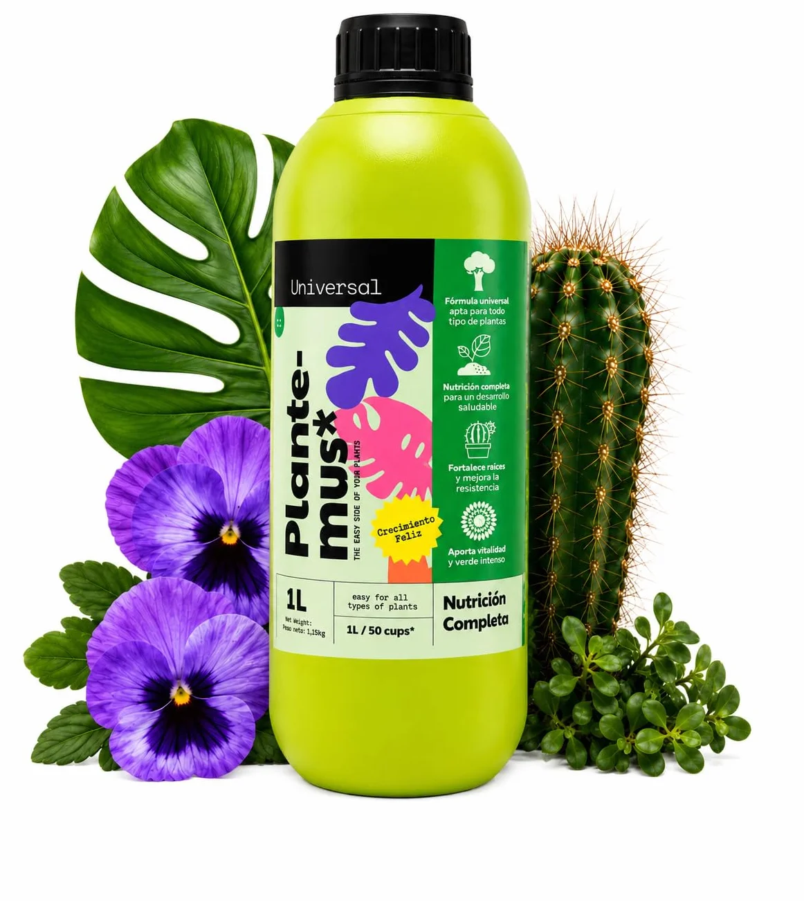 PLANTEMUS Fertilizante Plantas Verdes Universal Líquido, Bonsai, Cactus, Suculentas para Interior y Exterior. Abono Calidad Profesional 1 L