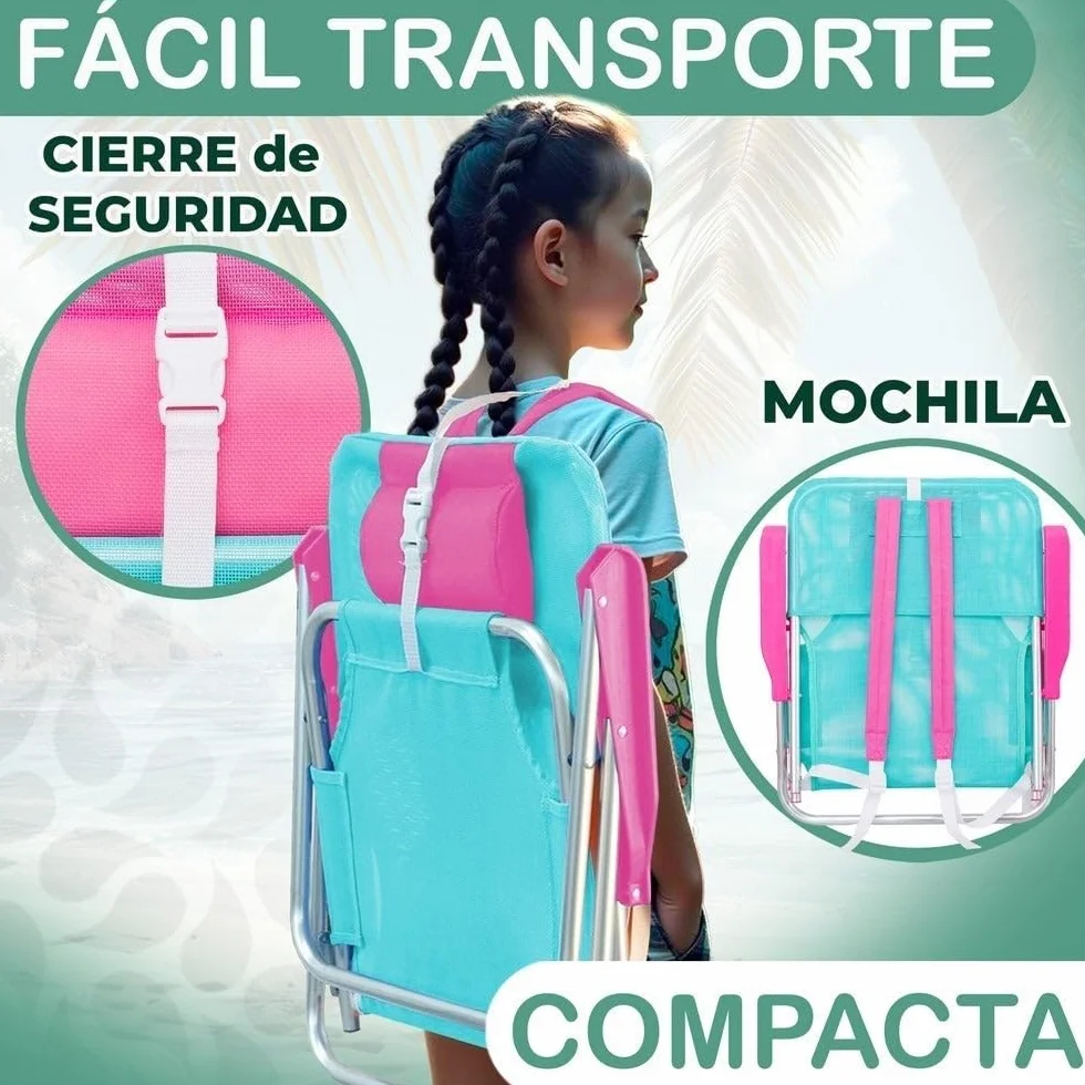 LOLAhome Silla Playa Camping Mochila Junior, Plegable de Aluminio y textileno Aguamarina, Silla Fija de 55x40x71 cm, con cojín Cervical Rosa, Correas Acolchadas y Ajustables