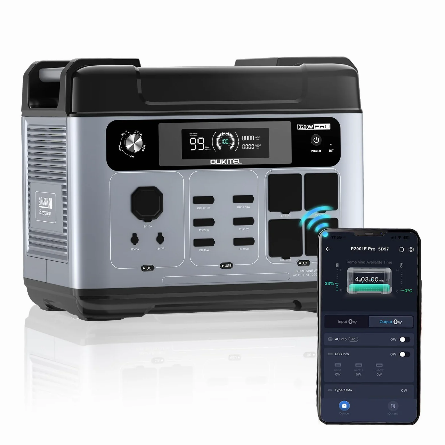 OUKITEL P2001 PRO Estación de Energía Portátil 2048Wh Generador Solar 3200W Alta Potencia Fuente de Reserva Entrada Solar 1000W Reserva Eléctrica Hogar