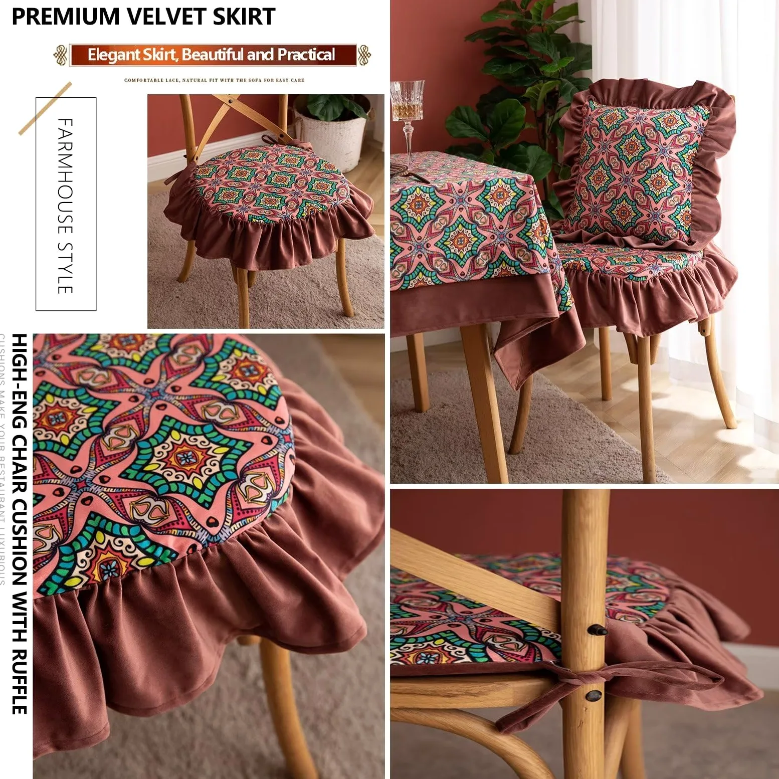 Cojines para sillas de comedor con faldón, almohadillas para sillas de comedor, paquete de 6 con lazos, cojín de asiento de 45 x 45 para sillas de cocina, funda lavable y extraíble, color morado