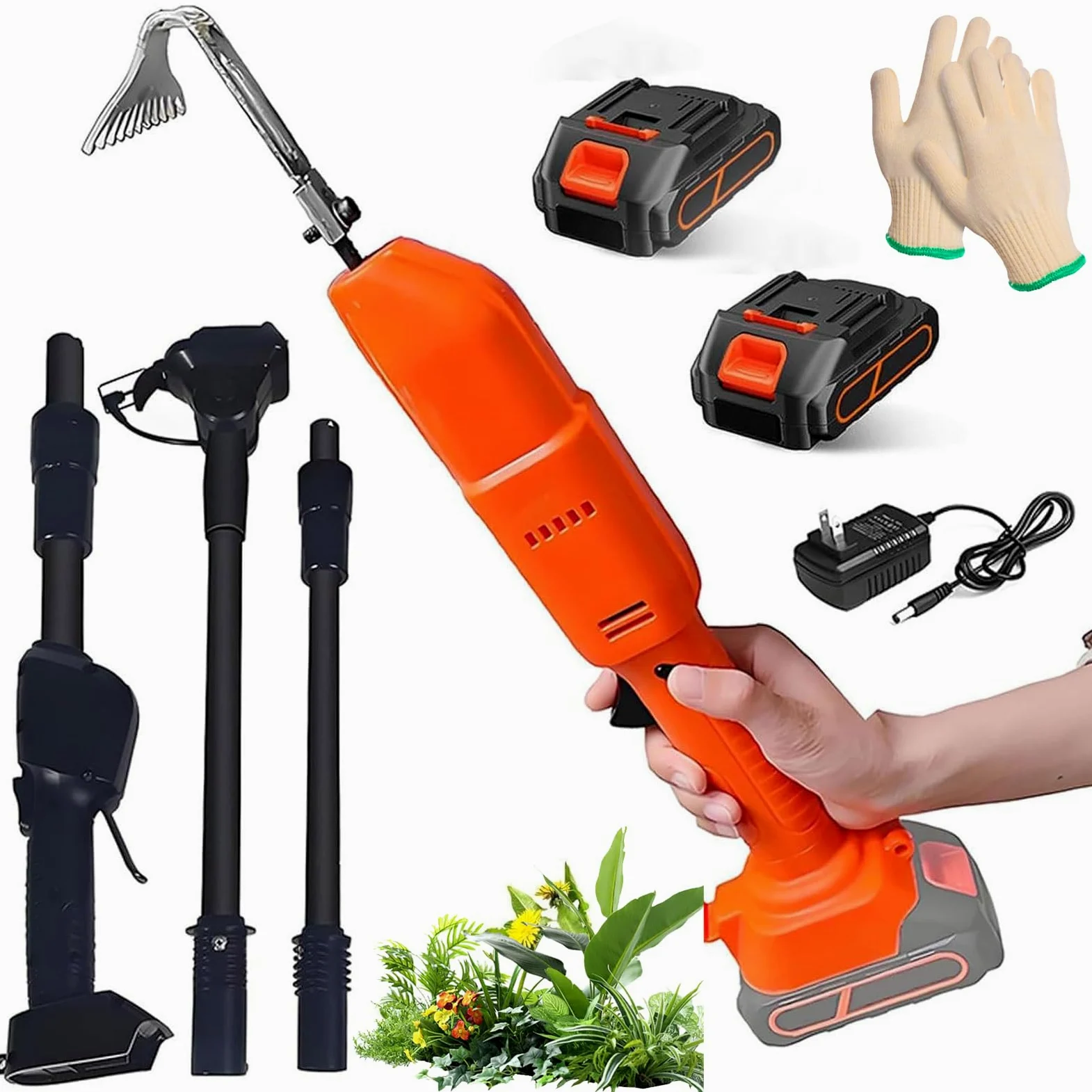 Azada cultivadora inalámbrica, desbrozadora eléctrica de jardín con poste telescópico, mano de azada de excavación eléctrica, herramientas de jardinería 2 en 1 y rastrillo, para aflojar el suelo y