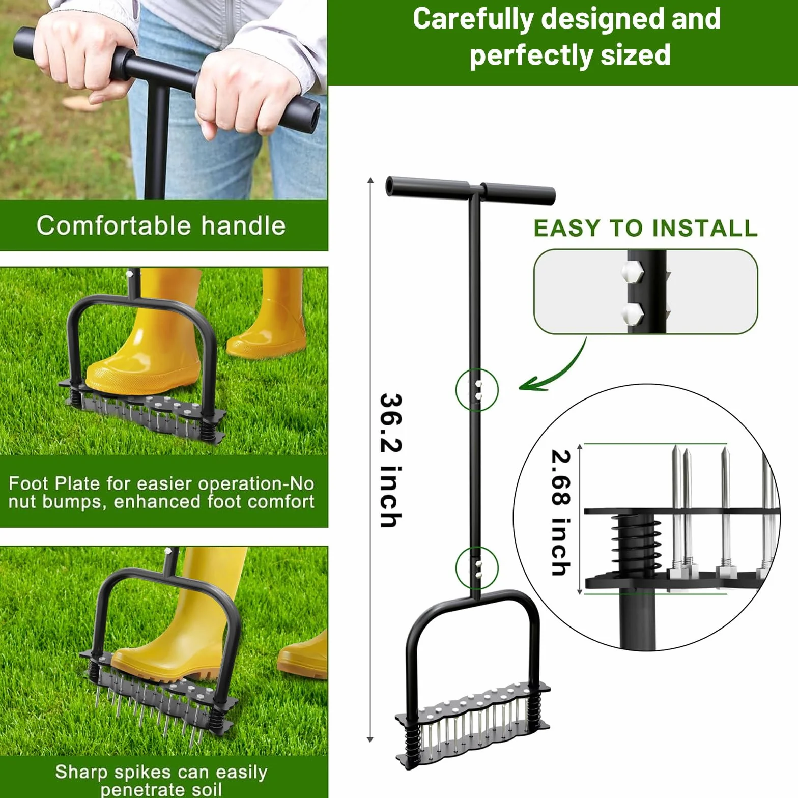 EPROICKS Aireador De Césped,Escarificador De Cesped,Escarificador Manual con 14 Púas, Capaz De Penetrar 6,8 Cm En El Suelo; Ideal para Jardines, Aireación De Césped y como Herramienta De Jardinería