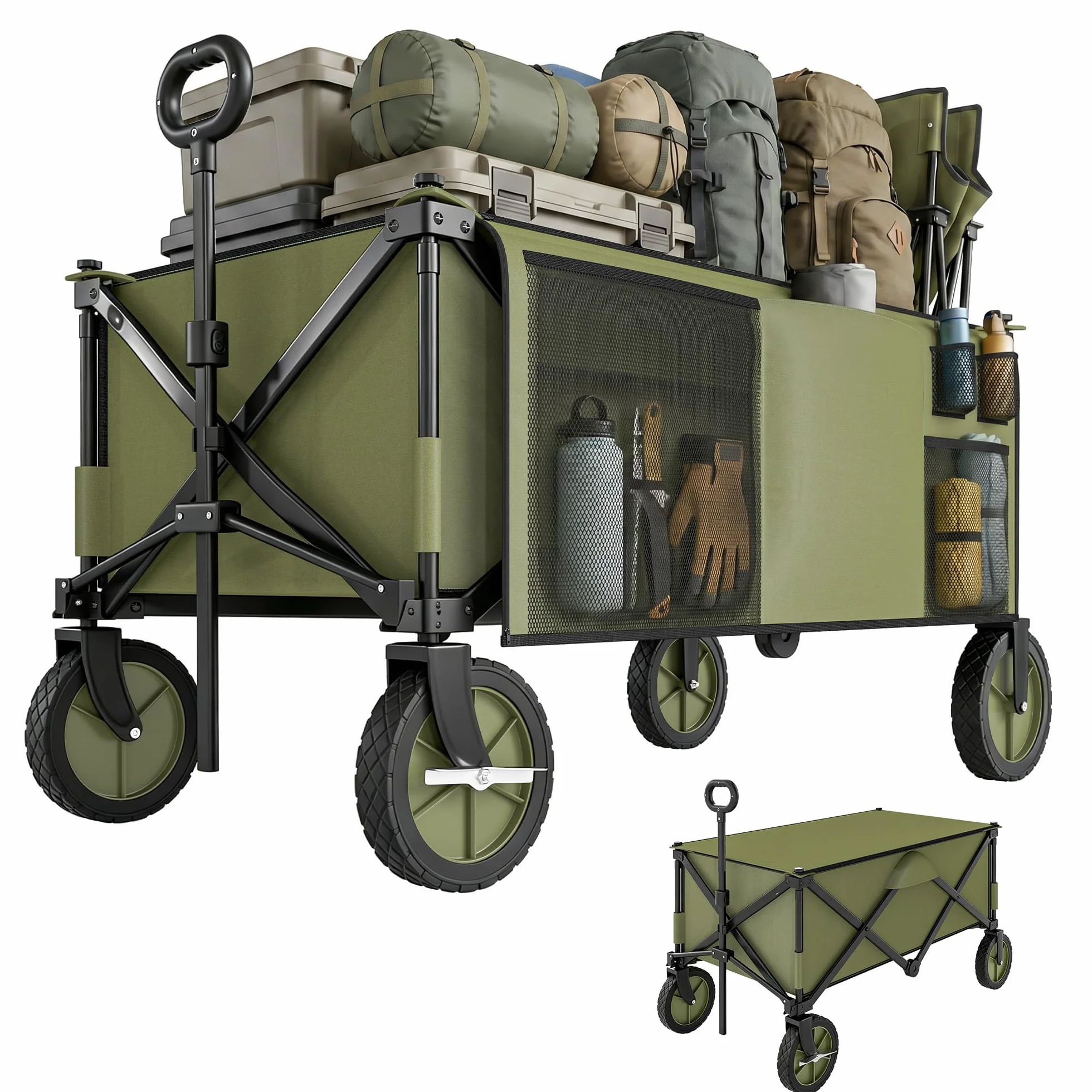 Outsunny Carro Plegable de Jardín con Ruedas Carro para Playa con Mango Telescópico Tablero Plegable 5 Bolsas Marco de Acero Carga 100 kg para Compra Patio 108x55x93 cm Verde