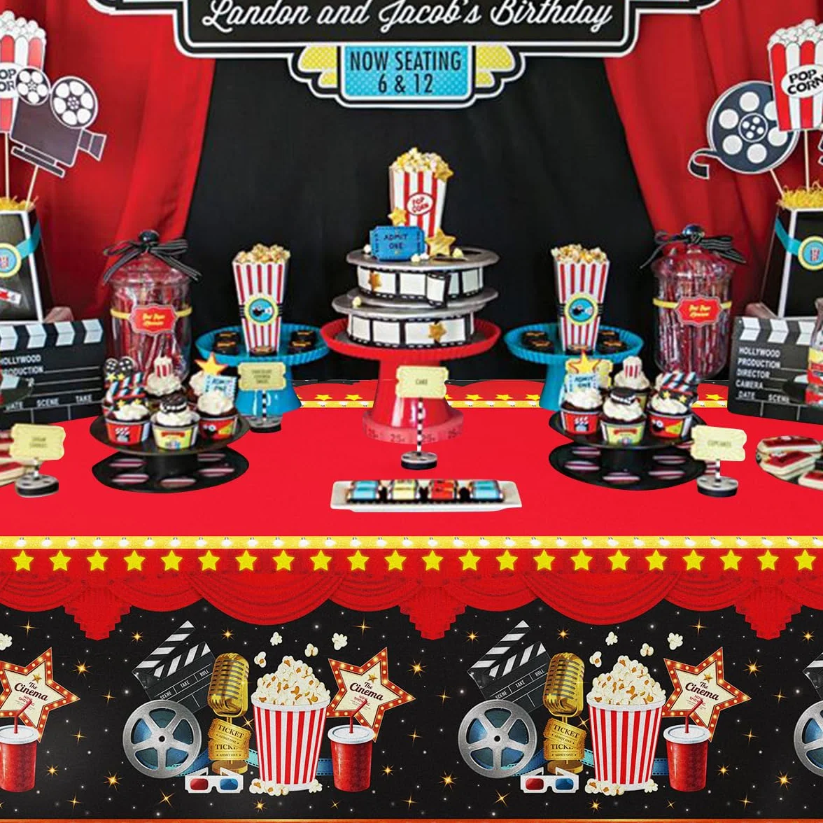 4 piezas de manteles de noche de película temática de cine decoraciones de fiesta alfombra roja manteles palomitas de maíz mantel entrega de premios se muestra ahora tema cumpleaños accesorios 130 x