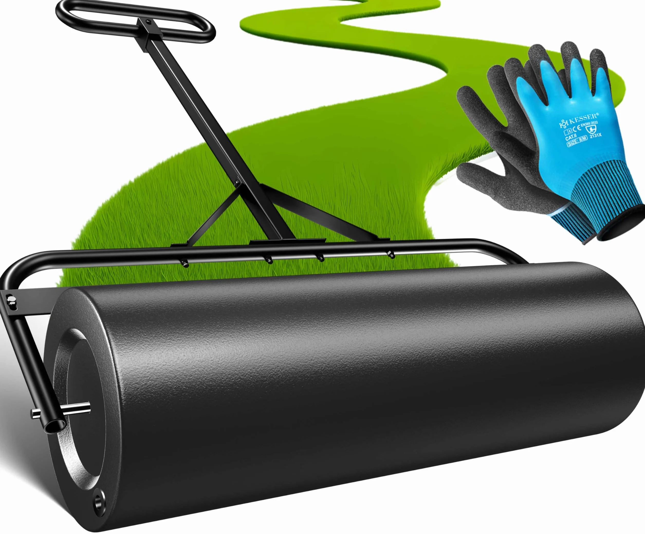 KESSER Rodillo de césped de metal rellenable con agua o arena con 63 litros de volumen y 99 cm de ancho | rodillo de jardín incluye guantes | rodillo manual de césped en negro