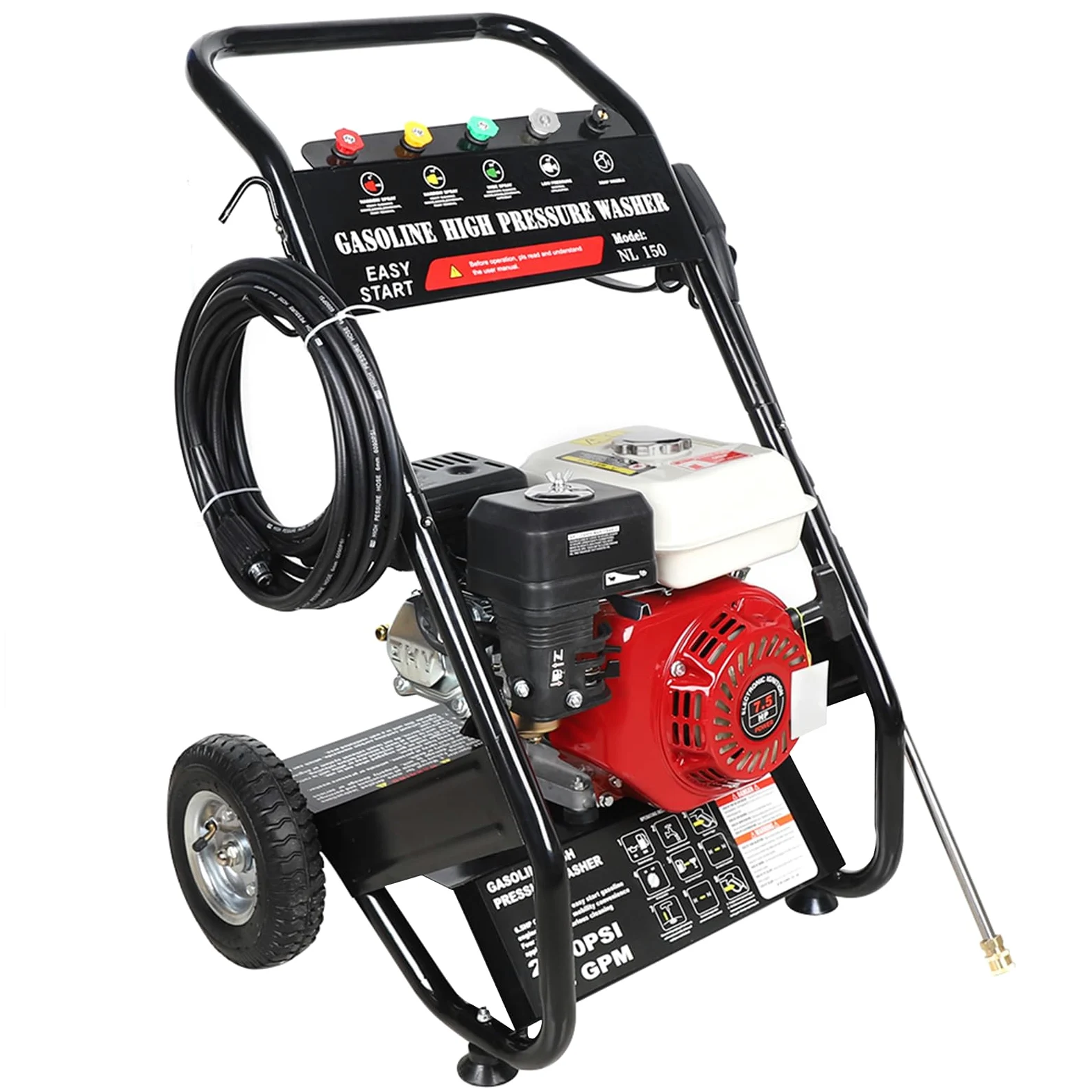 Limpiador de alta presión de gasolina con manguera de 8 m, máquina de limpieza de gasolina de 7,5 CV, limpiador portátil para limpieza de suelos, plantas, vehículos, 3400 rpm, 5 boquillas, motor de