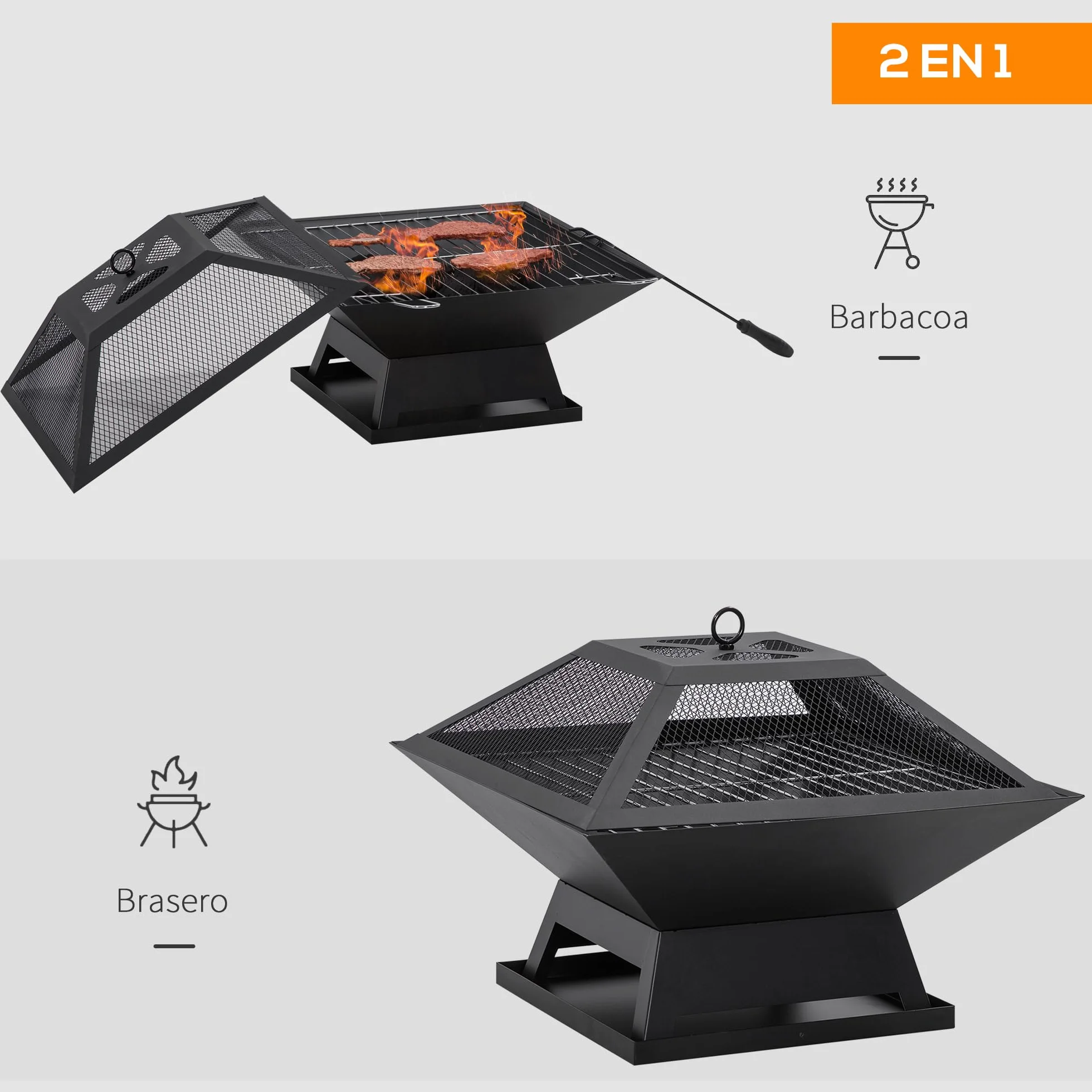 Outsunny Brasero Exterior de Acero Pozo de Fuego para Jardín Multifuncional con Protector de Chispas y Atizador para Barbacoa Hogueras en Terraza Camping 45x45x34 cm Negro