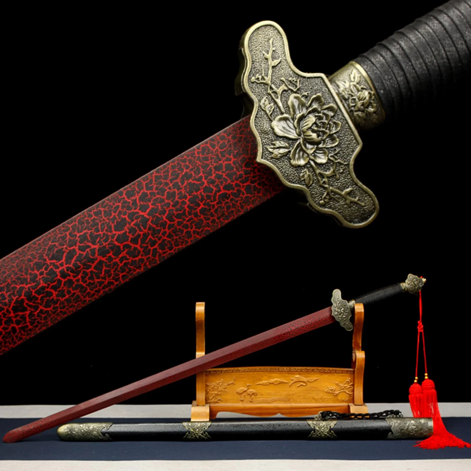 Espadas Tai Chi de Madera con Flores de Peonía, Espada Entrenamiento de Bambú Natural con Vaina, Katana de Madera, Bokken Hecho a Mano 103cm para Cosplay y Artes Marciales