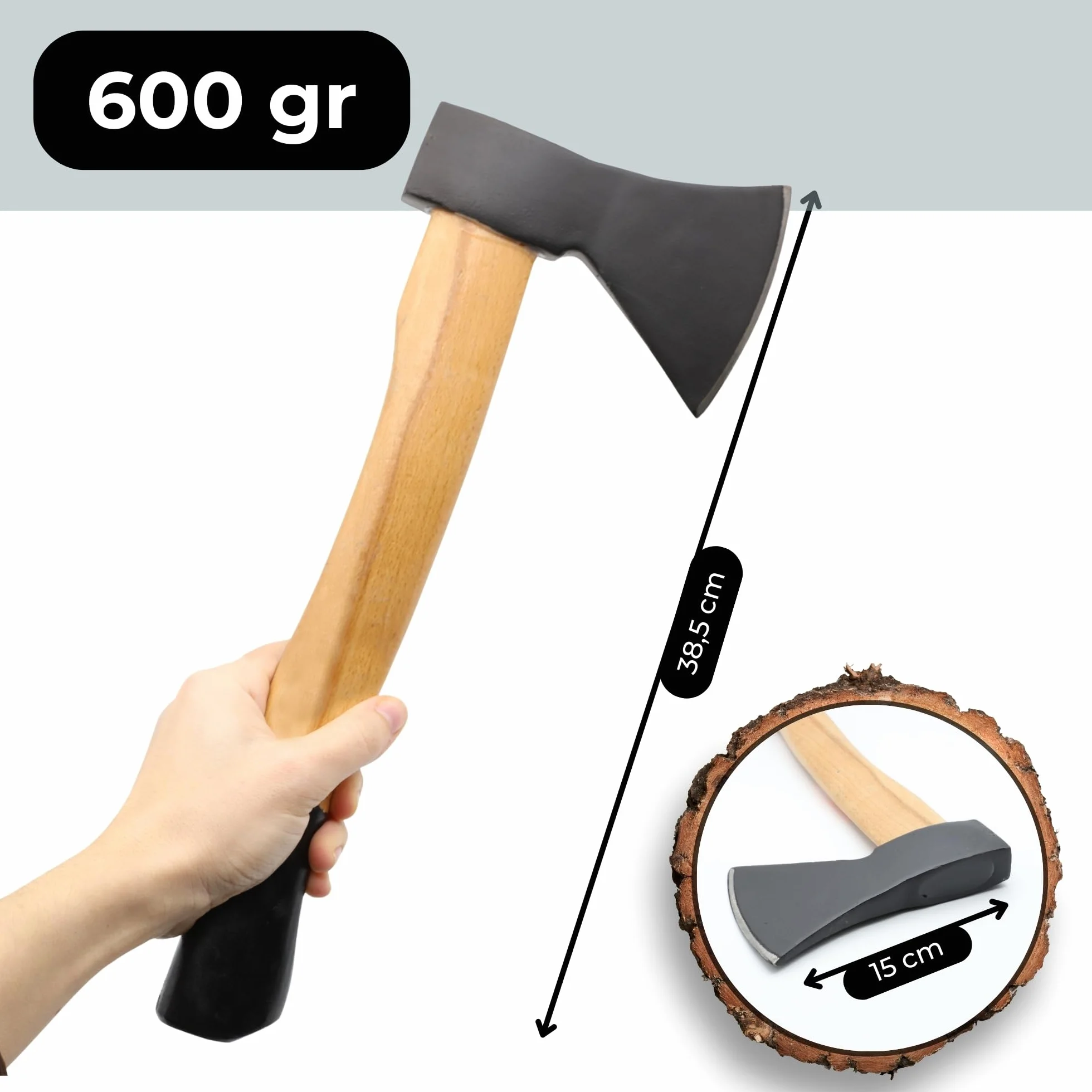 TECHZOCO Hacha Pequeña de 600 g con Mango de Madera, Hacha Vizcaína, Hachas de Tala Universal, Cabeza de Acero al Carbono, Longitud 38,5 cm