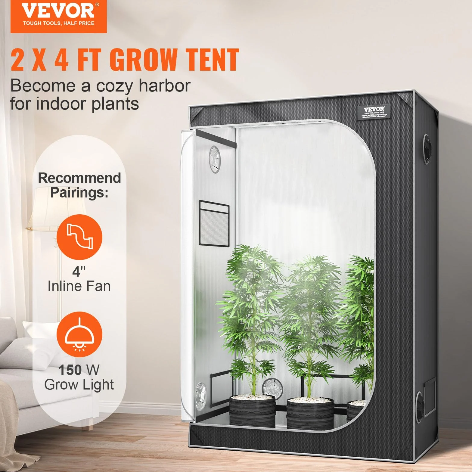 VEVOR Armario de Cultivo 122x61x183 cm Carpa de Cultivo Hidropónico Mylar 2000D Altamente Reflectante con Ventana de Observación, Bolsa de Herramientas, Bandeja de Piso para Cultivo de Plantas