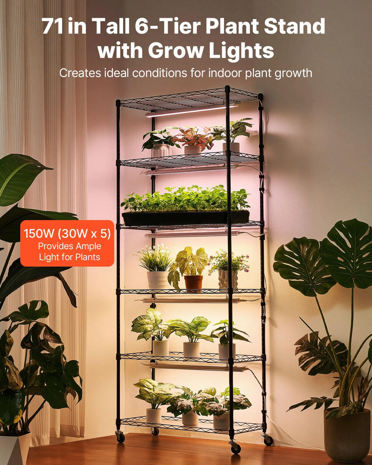VEVOR Soporte para Plantas con Luz de Cultivo 6 Niveles 180 cm 150 W, Estante para Plantas con Ruedas, Temporizador de 4/9/14 H, 3 Modos de Iluminación, para Crecimiento de Planta, 750x350x1800 mm