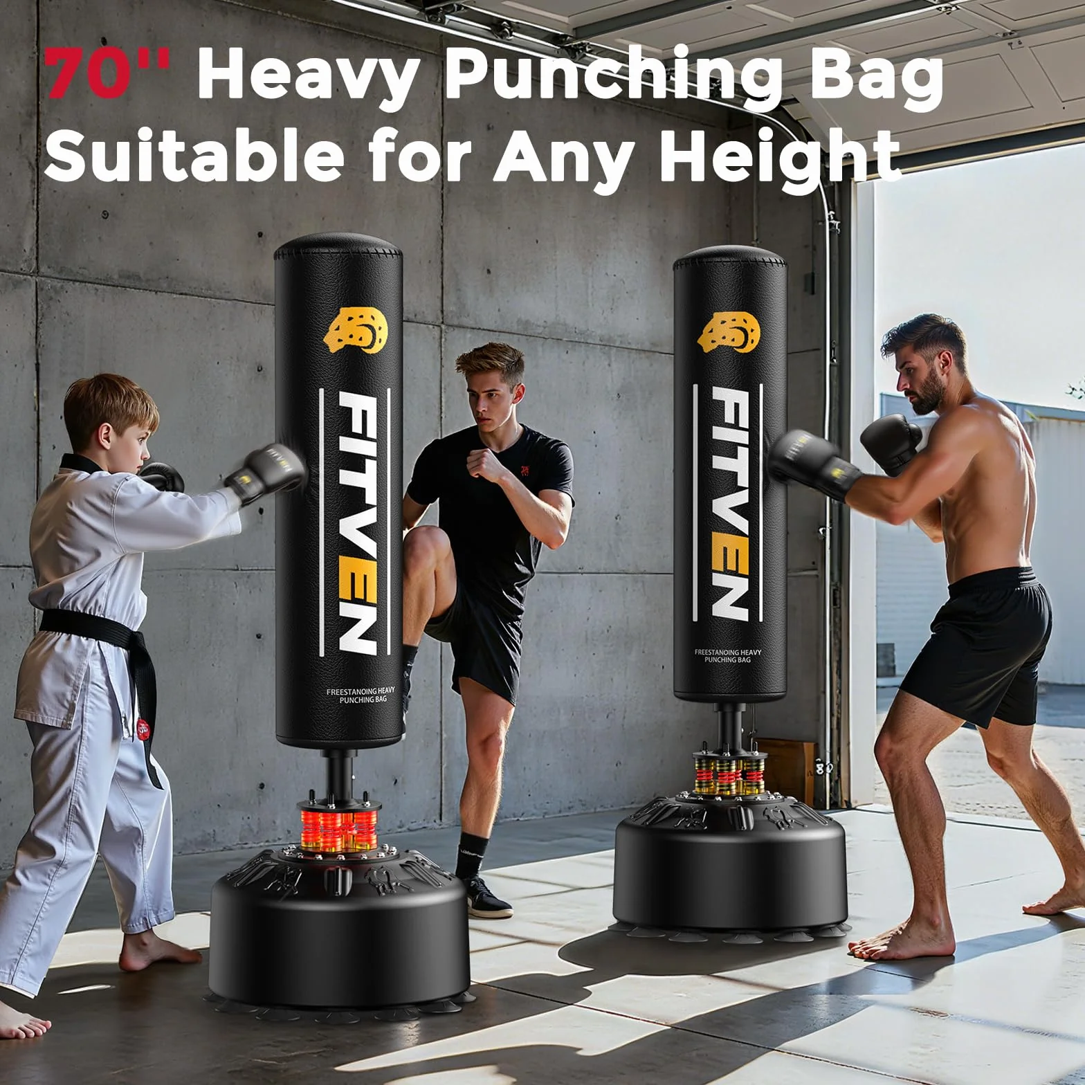 FITVEN Saco de boxeo independiente con guantes, pesado con base de ventosa para adulto y niño, bolsa de kickboxing para hombre