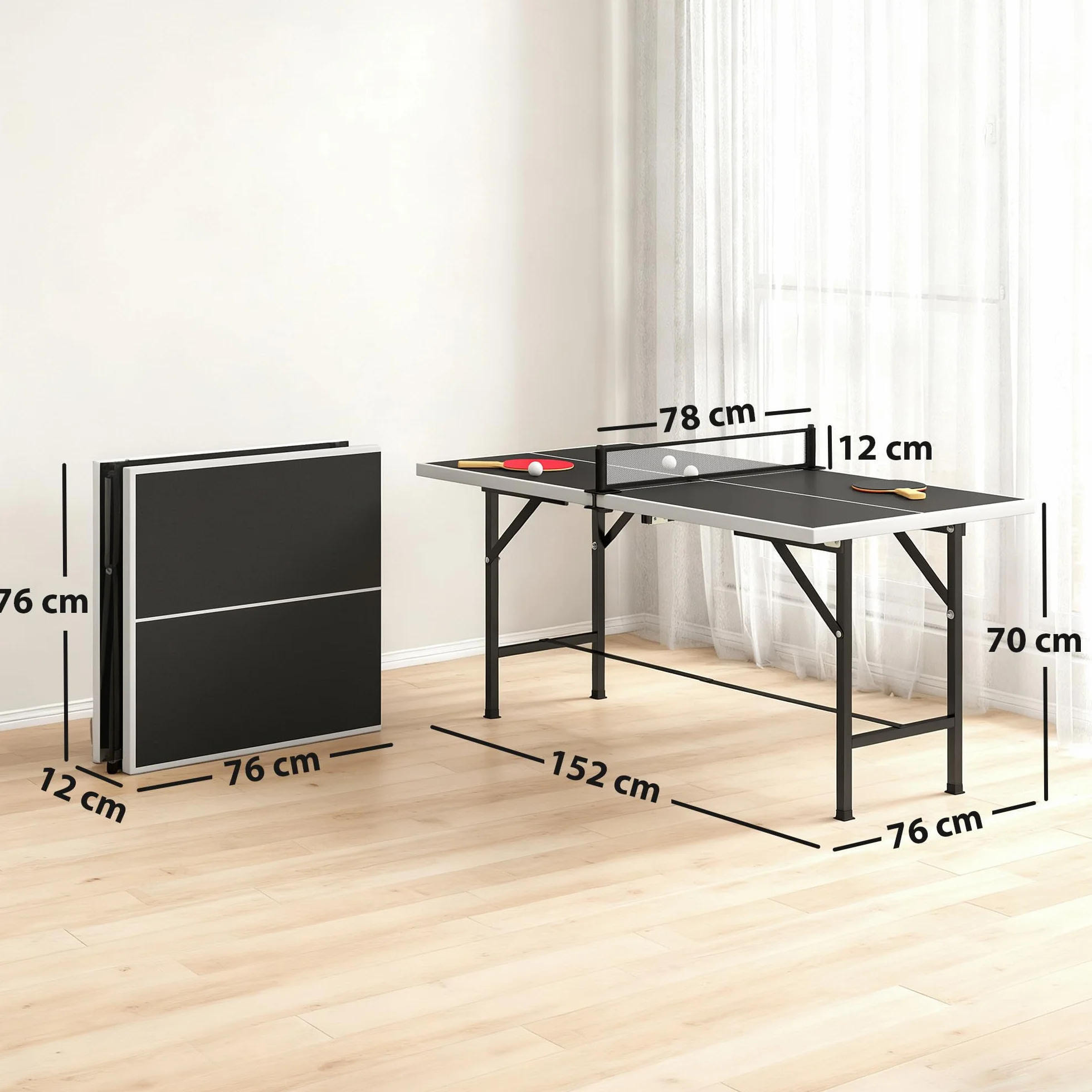 SPORTNOW Mini Mesa de Ping Pong Plegable 152x76x70 cm, Exterior con Red, 2 Raquetas y 3 Pelotas, Negro