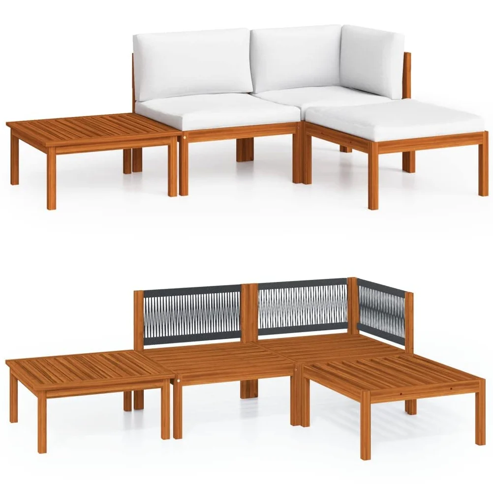 Hothingwell - Salón de jardín de 4 piezas, madera acacia crema cuerda | Respaldo de cuerda trenzada, pino macizo duradero, diseño modular, cojín de goma incluido