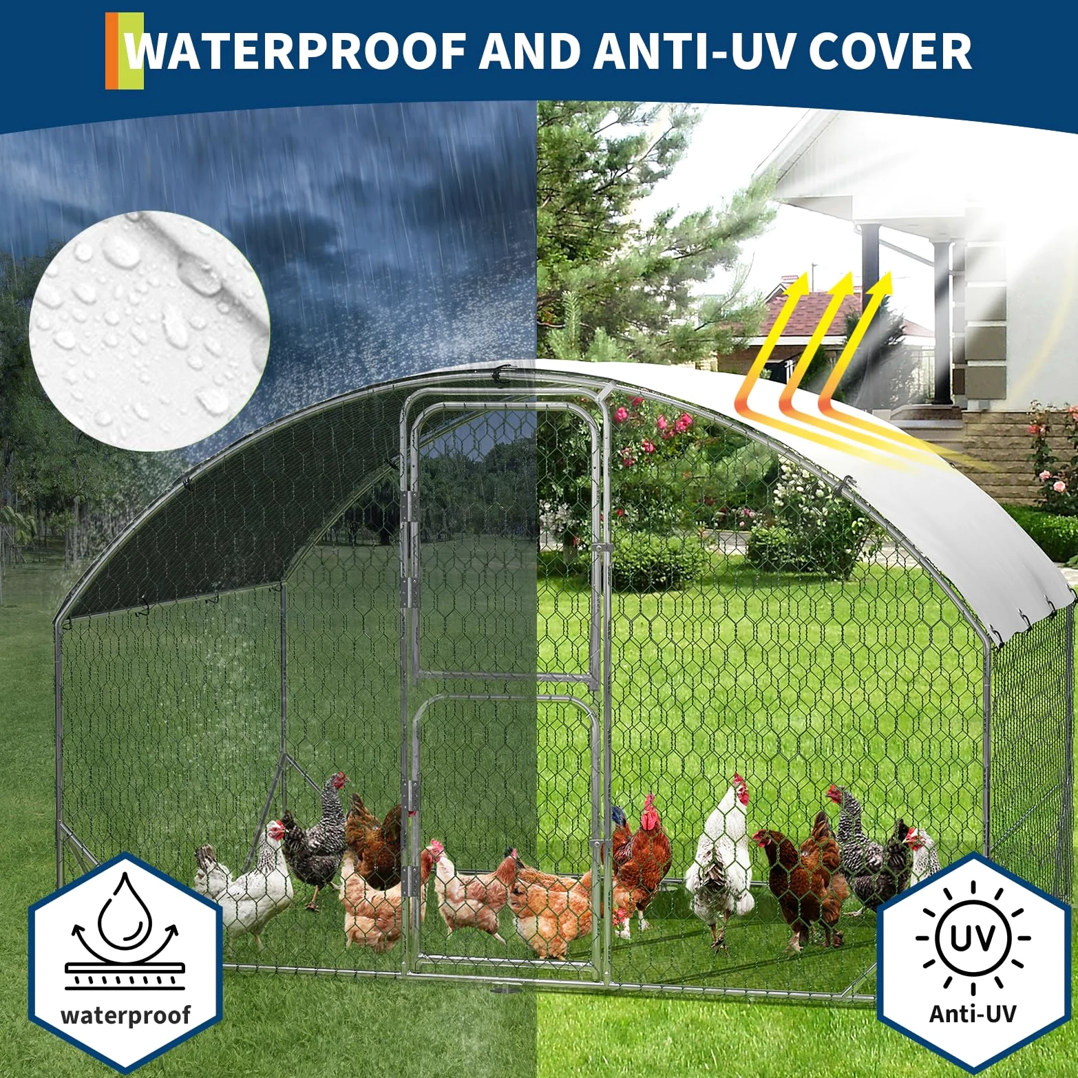 Garvee Gallinero Exterior Grande de Metal 3x2x2m, Jaula para Aves con Estructura de Acero Galvanizado Reforzado de 0.8mm, Recinto de Corral con Cubierta Impermeable y Anti-UV, Doble Puerta con Cierre