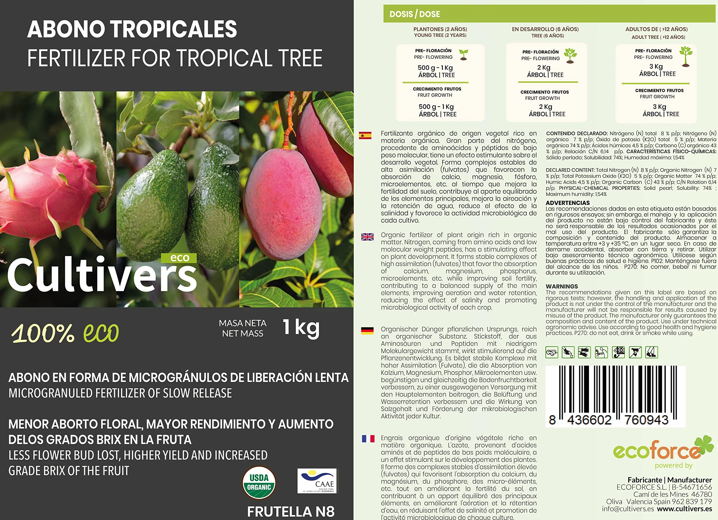 CULTIVERS Abono árboles Tropicales Ecológico 20 kg. Fertilizante para Aguacate, Mango, Litchi, Pitahaya, Papaya y Guayaba