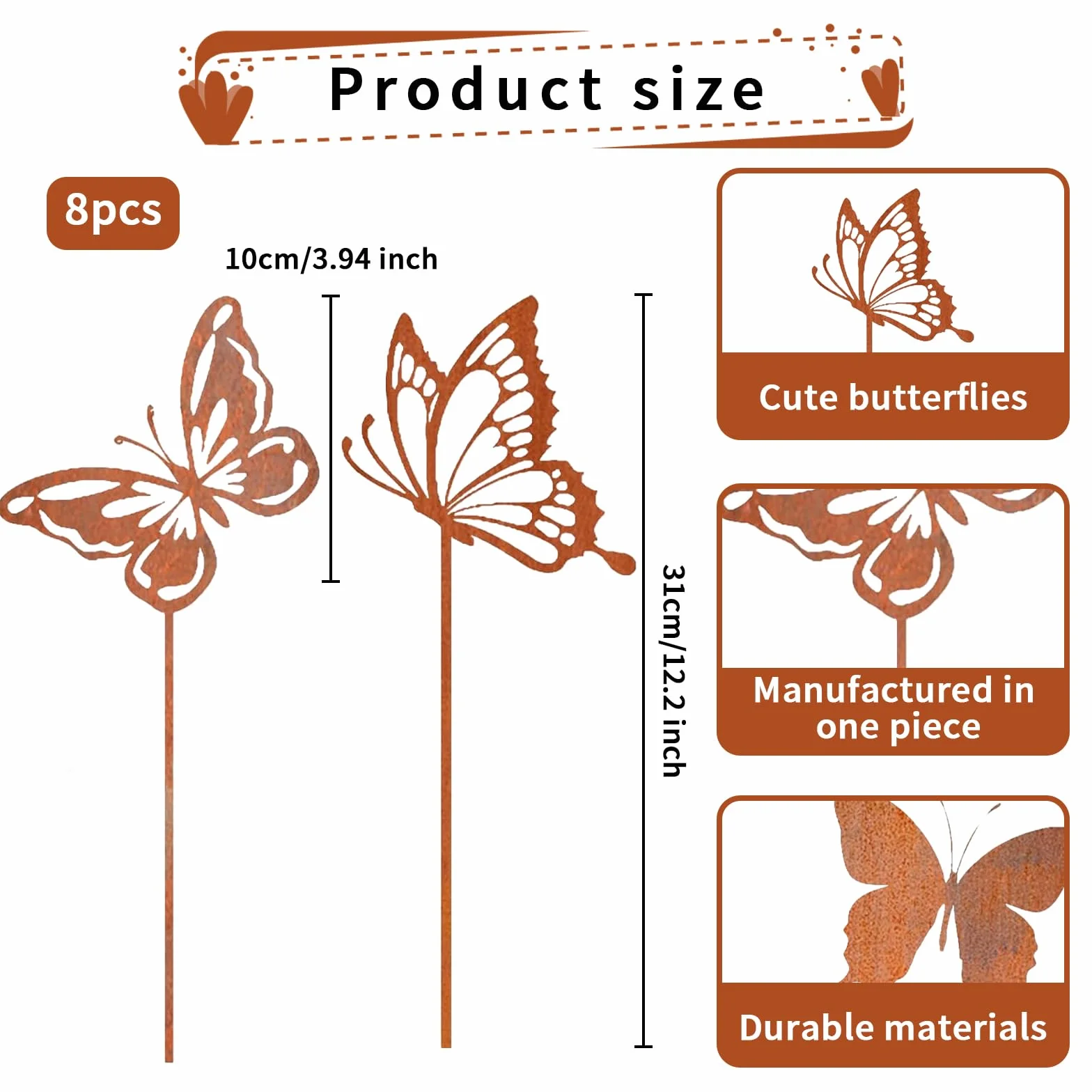 8 Piezas Estacas De Jardín De Mariposa En Metal, Decoración Exterior Resistente A La Intemperie para Primavera, Verano Y Otoño, Ideal para Balcón, Terraza Y Parterre