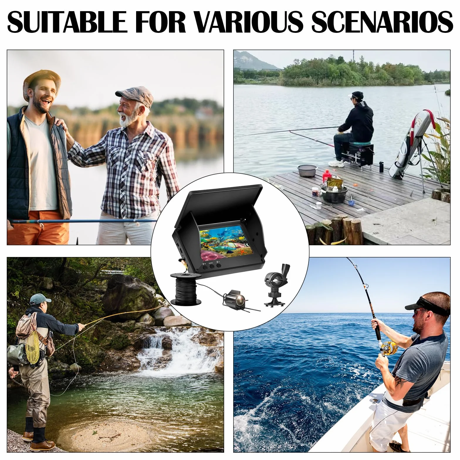 Cámara de Pesca Submarina IP65 Impermeable 5" Pantalla IPS 8000 mAh 30M Cable 220° Visión Nocturna Gran Angular