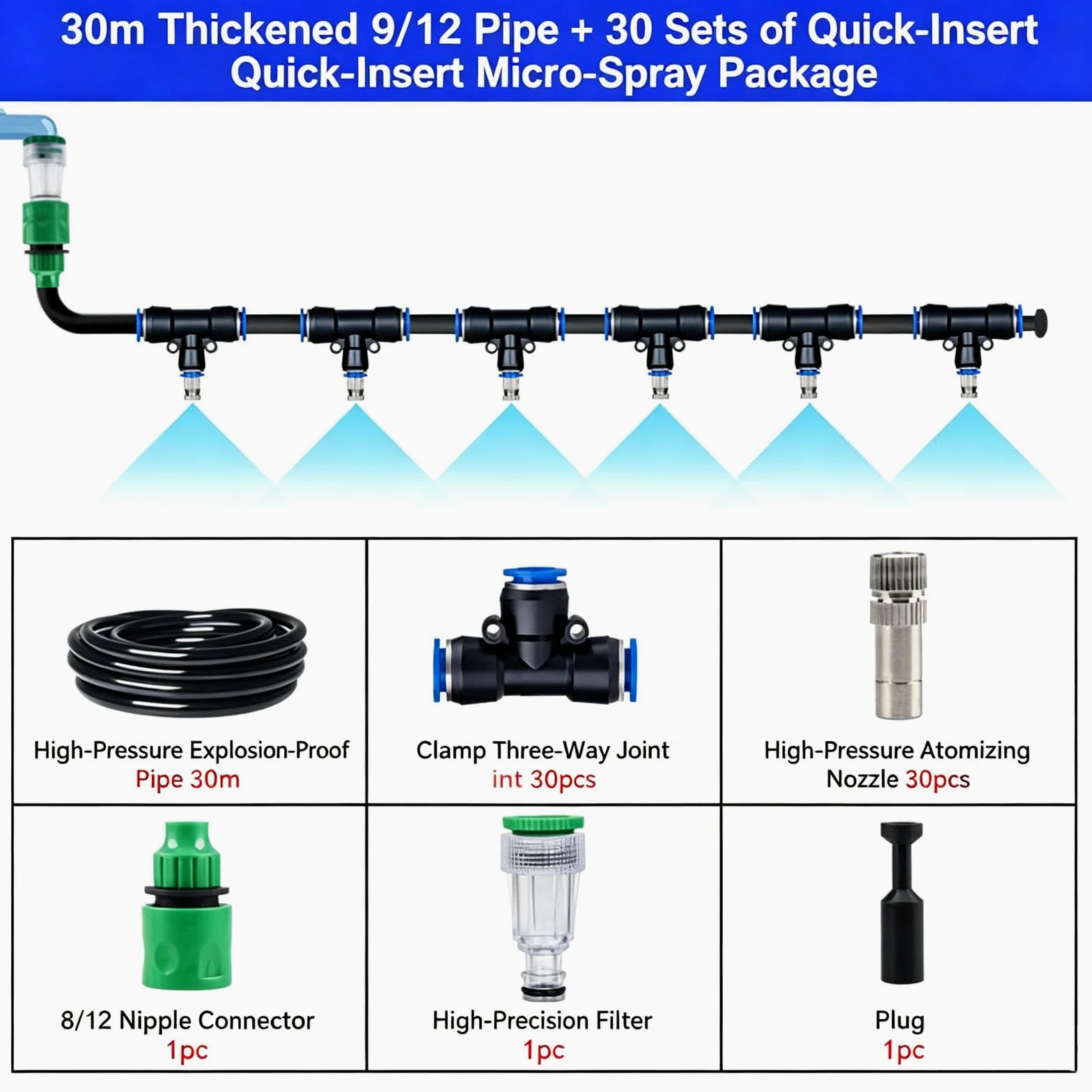 Kit de riego por goteo de conexión rápida para huerto con boquillas de nebulización limpiables y manguera 9/12 para plantas de lecho elevado de negro 30m 912 pipe + 30 sets of quick-connect fittings