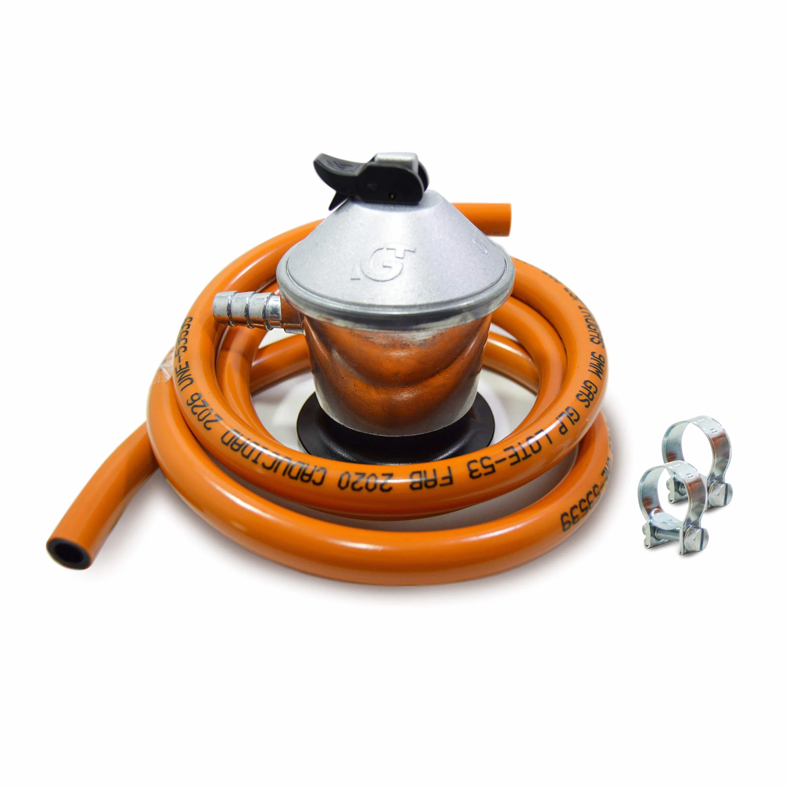 S&M 321771 - Kit completo butano: Regulador de gas butano + Tubo Goma 1,5 metros + 2 abrazaderas de seguridad | Homologado para España | Apto para cocinas, estufas, calderas y barbacoas