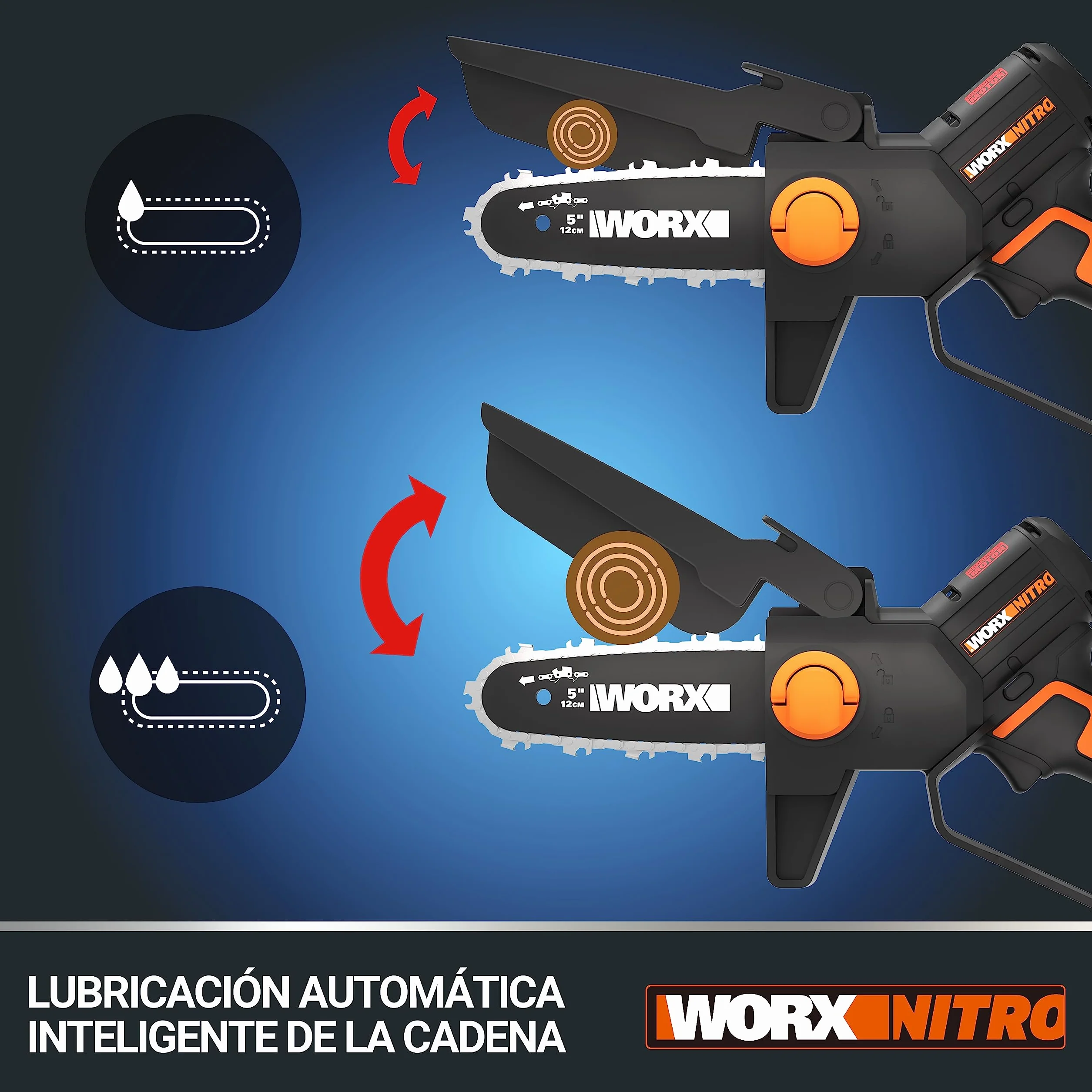 WORX WG325E Mini motosierra 20V 2Ah, con batería y cargador, una mano, motor brushless, espada 12cm, lubircación automática, para jardinería y poda