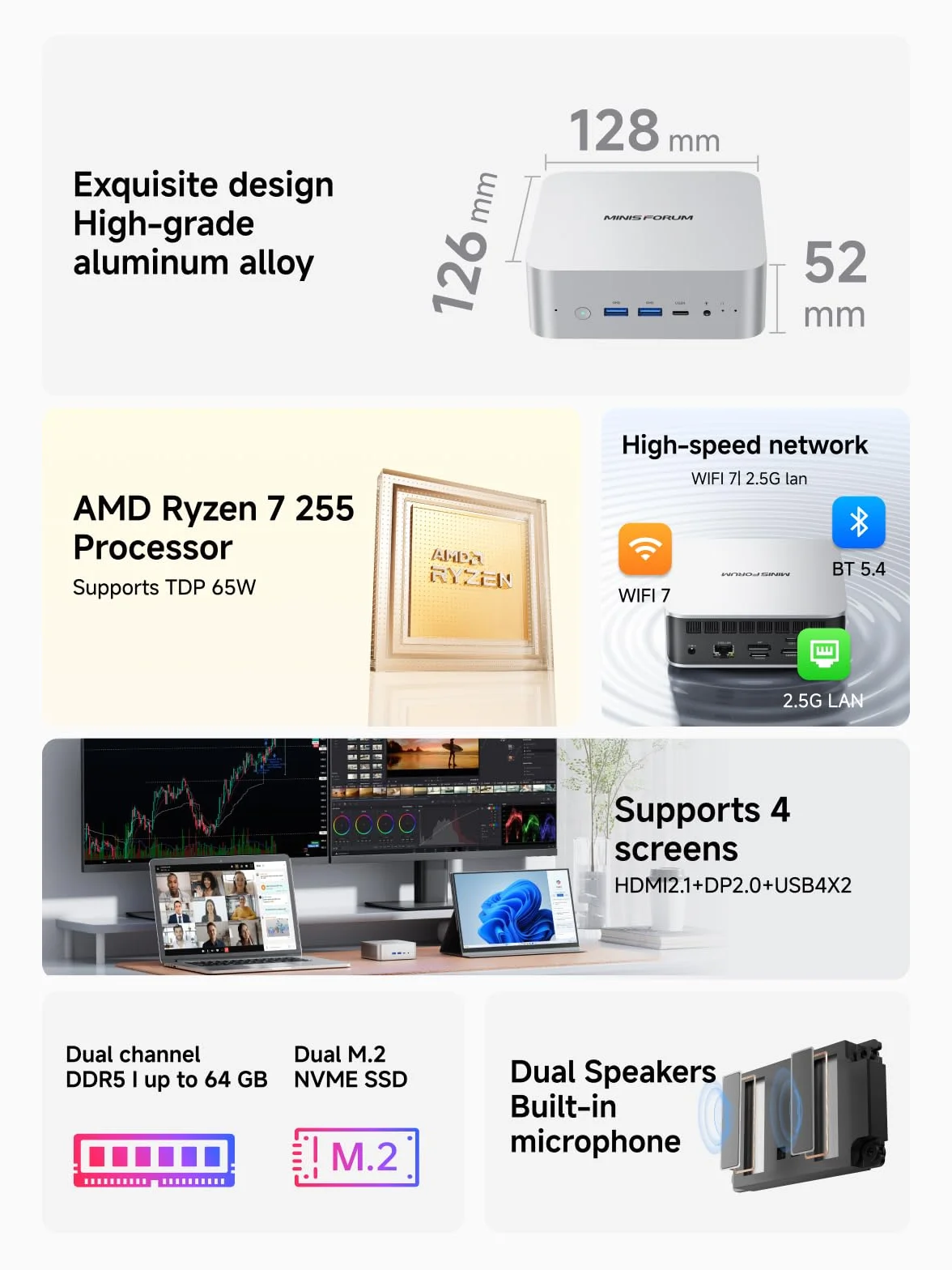 MINISFORUM AI X1-255 Mini PC AMD Ryzen 7 255 32GB DDR5 RAM 1TB M.2 SSD HDMI DP USB4 2.5G LAN Wi-Fi 7