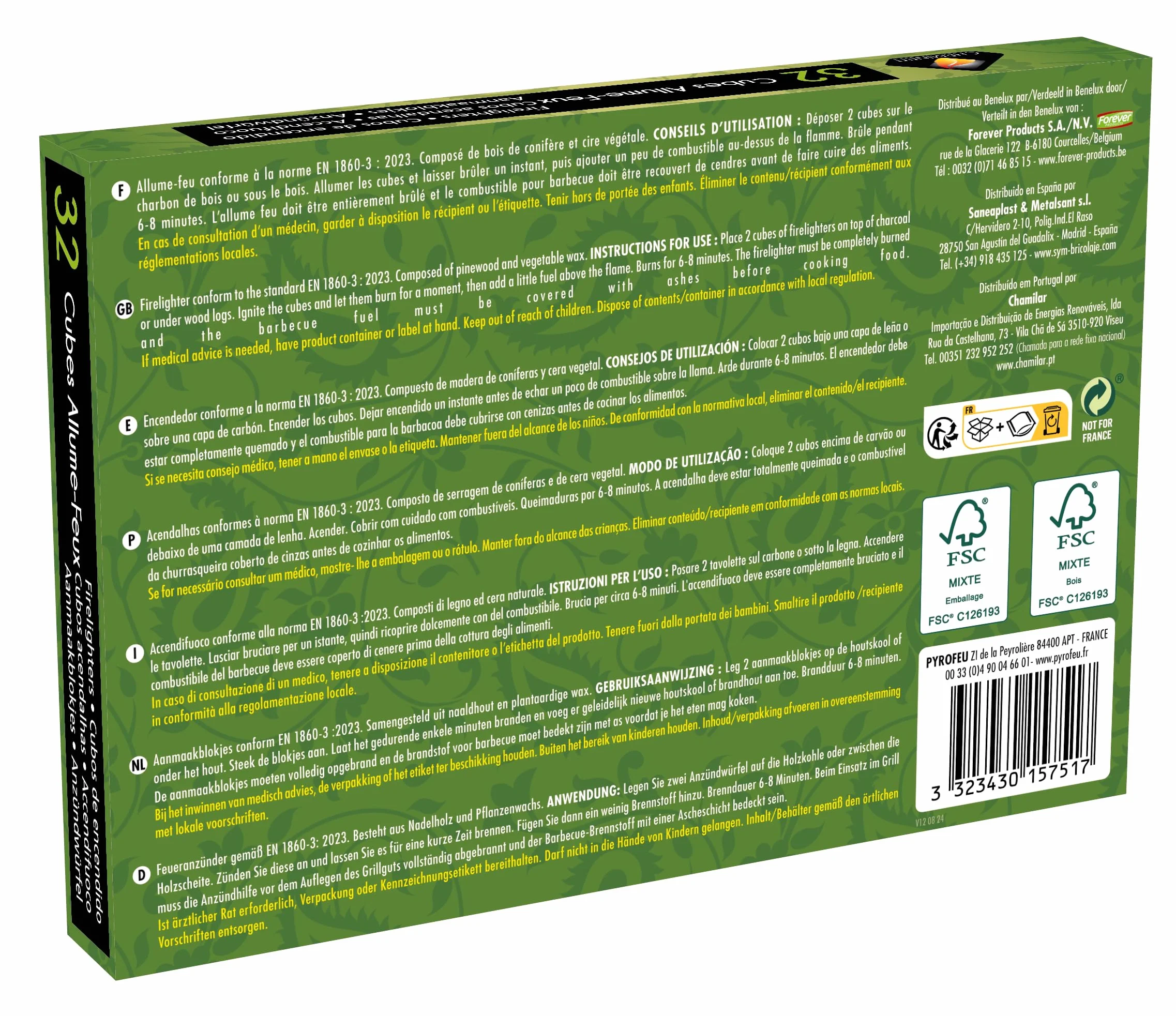 15751-32 Cubos Encendido precortados Cheminett naturales para encender chimeneas, estufas y barbacoas