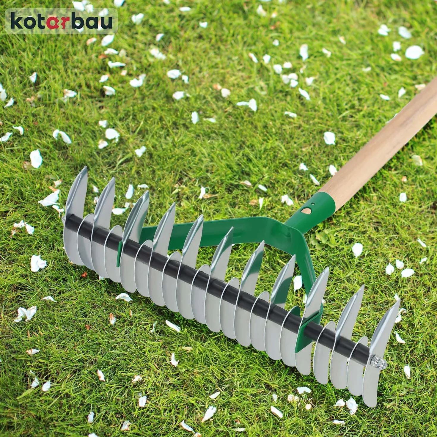 KOTARBAU® Escarificador de Doble Cara, Escarificador de Acero con Mango de Madera, Escarificador Manual, Rastrillo Cortador para Eliminar el Musgo y los restos de césped, Aireador