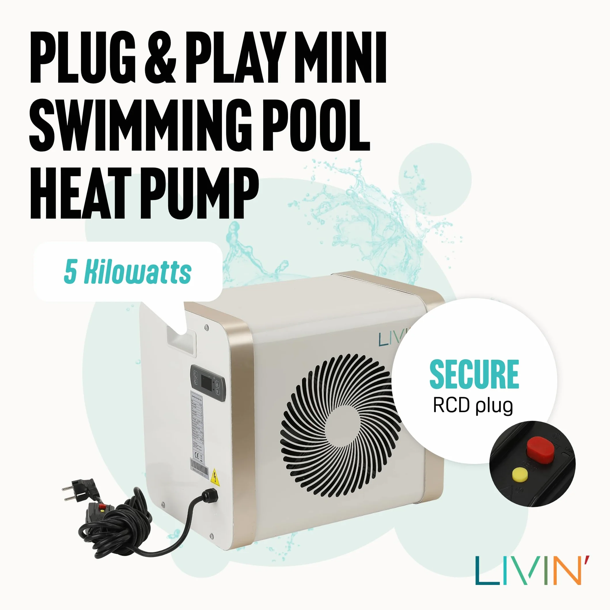LIVIN' Minibomba de calor para piscina de 5 kW, accesorios para piscina con 32/38 mm de diámetro, para calentar piscinas grandes con 20.000 L de capacidad, indicador LED, corriente de 230 V,