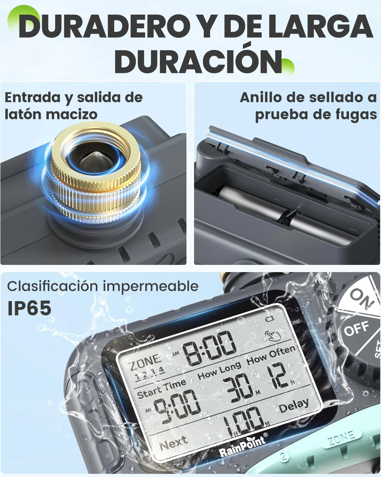 RAINPOINT Programador Riego 4 Salidas, Entrada y Salida de Latón, Impermeable IP65, Temporizador de Riego Automático con Retardo de Lluvia/Riego Manual, para Invernadero, Césped y Jardín