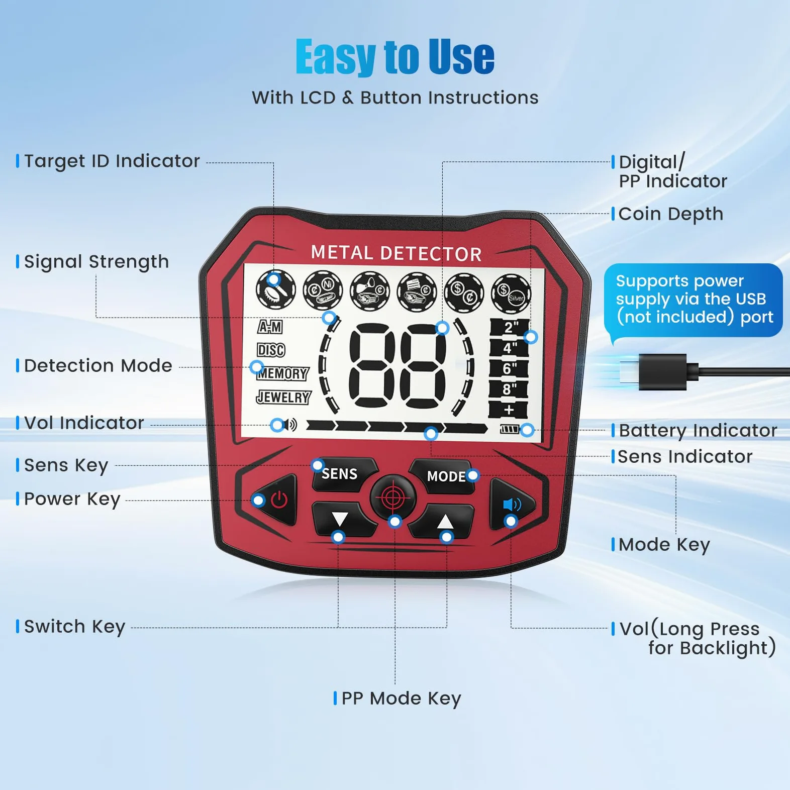 Detector de Metales Profesional para Adultos y niños, Chip antiinterferencias, Resistente al Agua IP68, soporta batería y alimentación USB, 5 Modos de detección (Rojo)