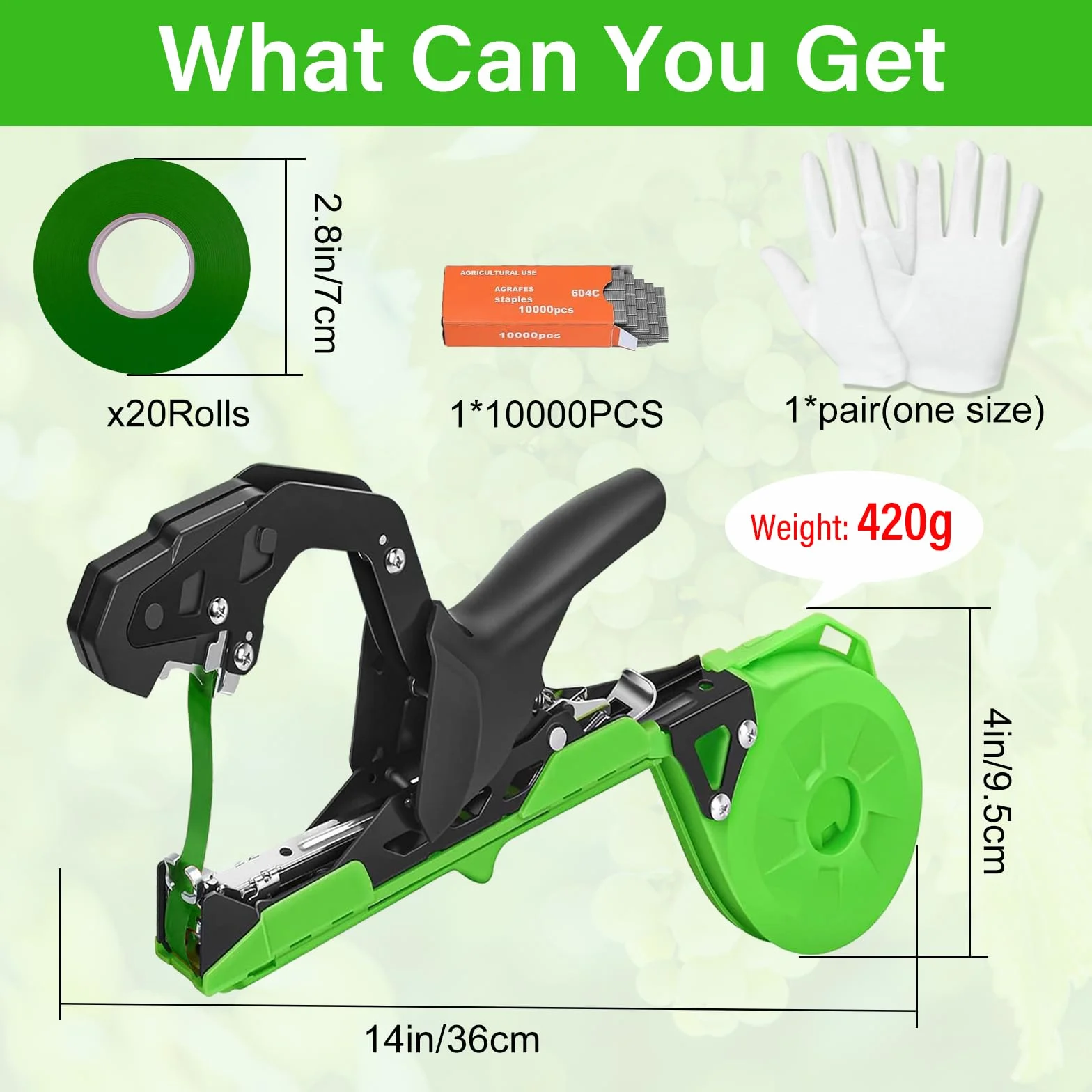 Maquina para Atar Plantas, Maquina Atar Tomates Kit Jardineria Para Atar Ramas de Plantas Atadora Agricola para Atadora con 20 Rollos de Cinta Verde para Arboles