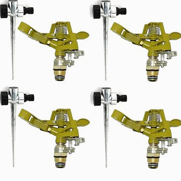 Suinga Pack 4 Aspersores Sectoriales Metálicos Regulables con Soporte | Toma 1/2" | Zinc y Latón | Riego Jardín, Césped, Dorado