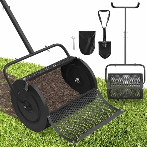 Esparcidor de abono resistente con malla de metal, mango ergonómico en U y cierres laterales, perfecto para fertilizantes de césped, estiércol, turba y musgo en el cuidado del jardín
