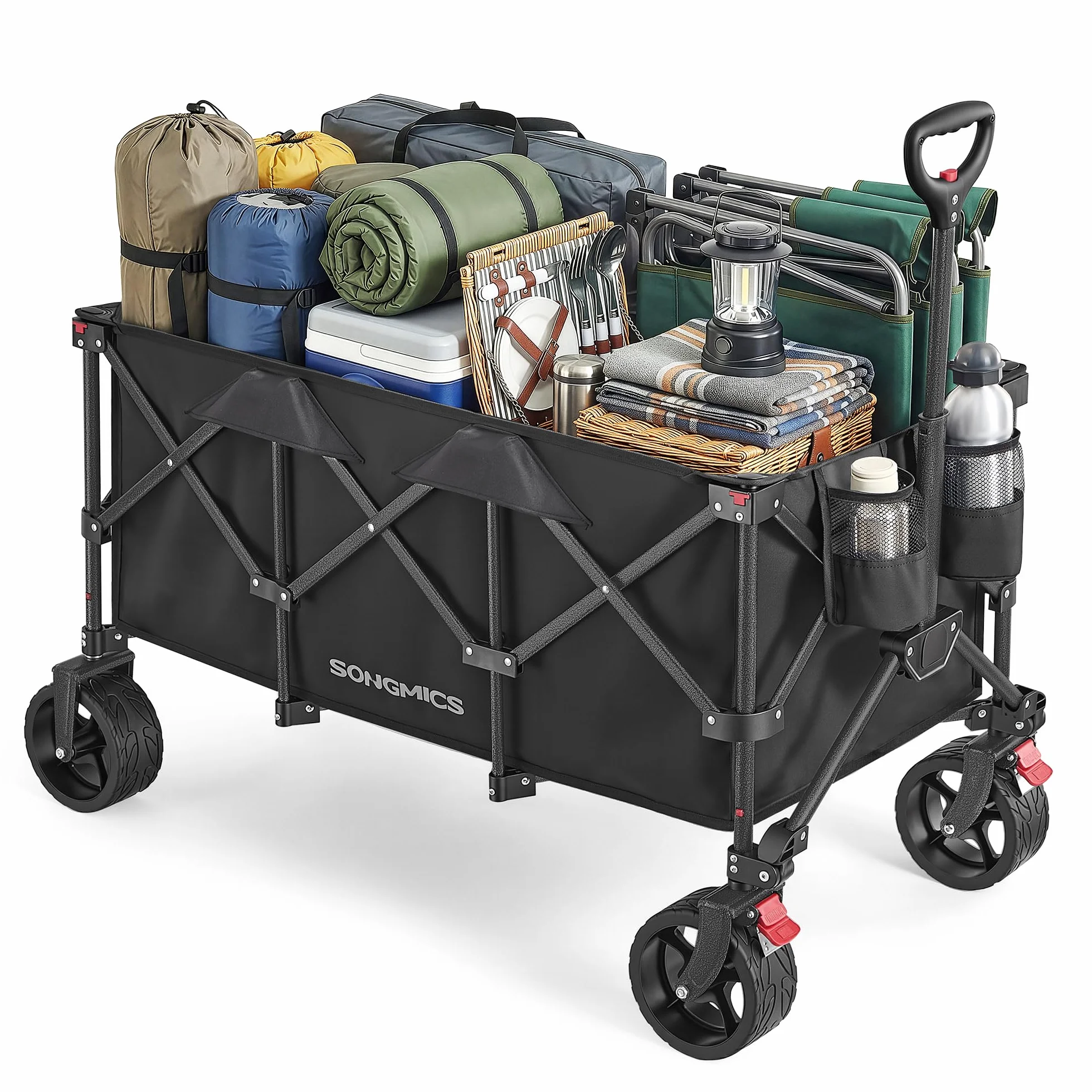 SONGMICS Carro de Mano Plegable con Asa, 4 Ruedas Desmontables, Carro de Jardín para Exterior, Playa, Camping, Carga de 150 kg, 200 L, Negro Tinta GFW200B01