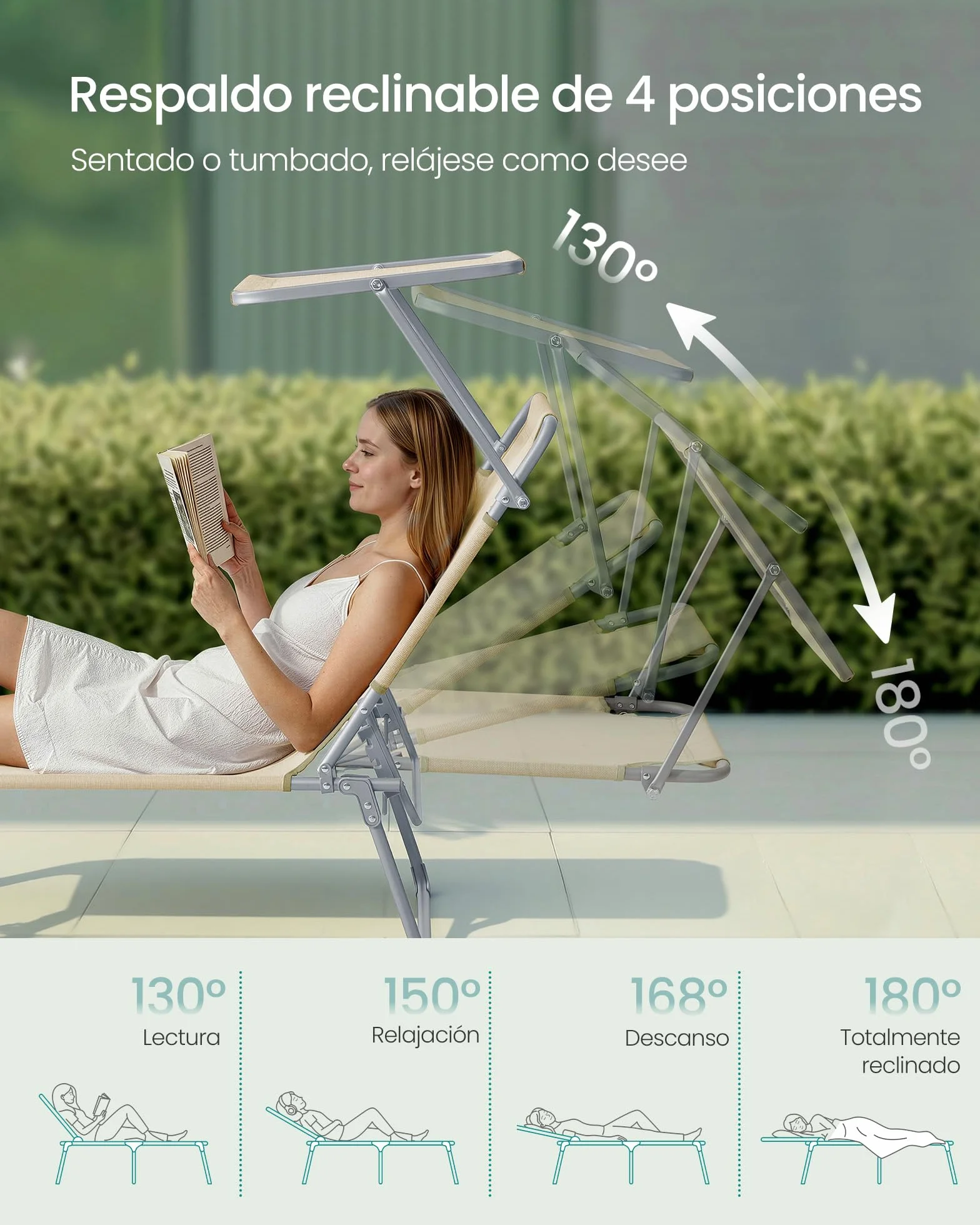 SONGMICS Tumbonas Plegables, 189 x 53 x 28,5 cm, Juego de 2 Tumbonas para Jardín, Cada Una con Carga 110 kg, con Parasol y Respaldo Ajustables, para Terraza y Balcón, Beige GCB294WZ02