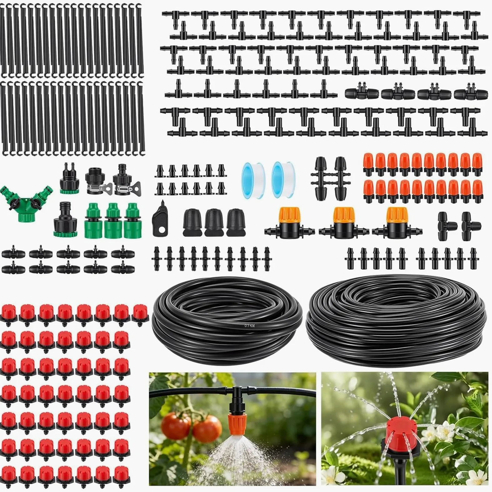 Sistema de riego Jardín 340 PCS Sistema de Riego por Goteo, 55 m + 15 m Kit Riego con Ajustable Boquilla Aspersor Pulverizador y Gotero Automatico para Jardin Invernadero Césped Patio Terraza