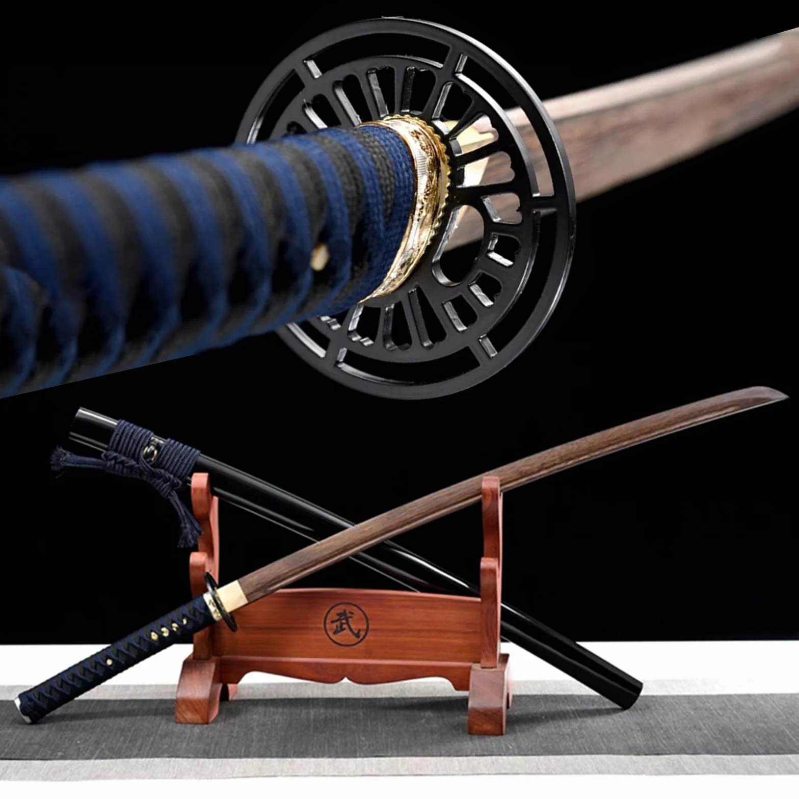 Katana Samurai Iaido Estilo Japonés 103cm Madera Maciza Palisandro Natural Funda Pintada Hecha a Mano Entrenamiento Kendo Cosplay Decoración Hogar
