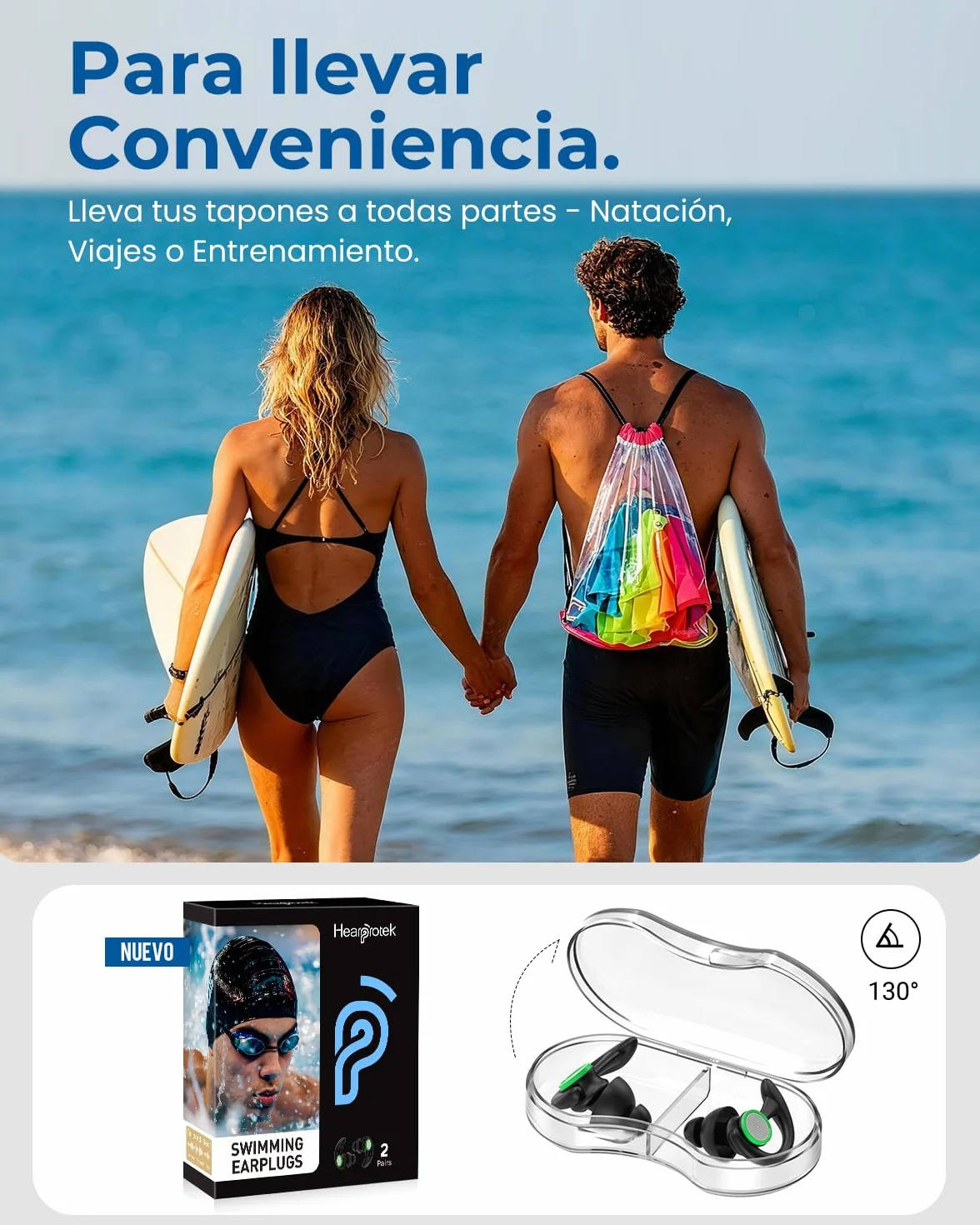 Hearprotek Tapones para los oídos para nadar, 2 pares, reutilizables, a medida, adultos, Negro