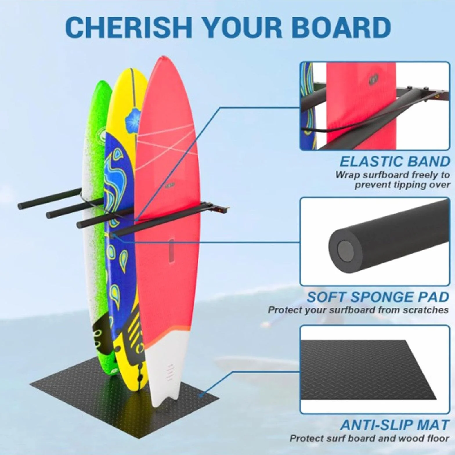 Soporte Vertical Tabla Surf Estante Exhibición Mural Acero Ajustable Correas Elásticas Longboards Shortboards Skateboards Organizador Pared