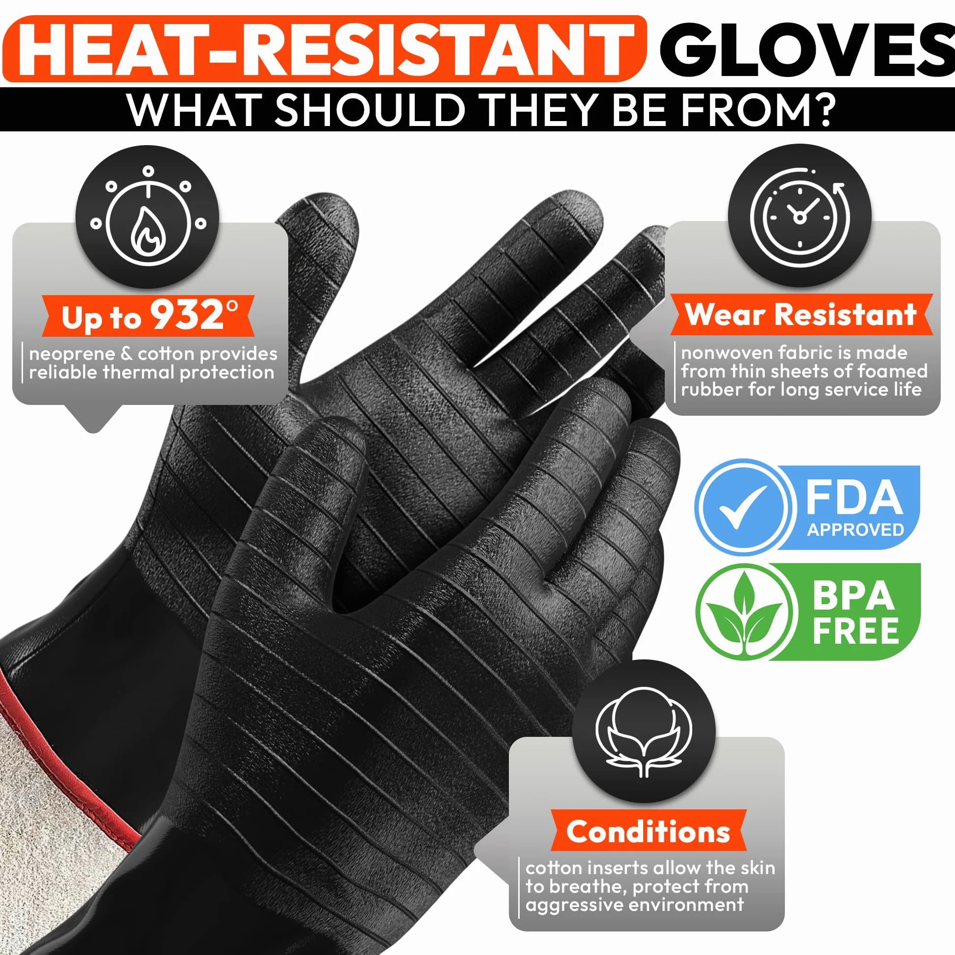 Guantes de barbacoa resistentes al calor, manga larga, agarre texturizado para manejar alimentos húmedos, grasos o grasos, resistentes al fuego y alimentos, guantes de horno para ahumador, parrillas y