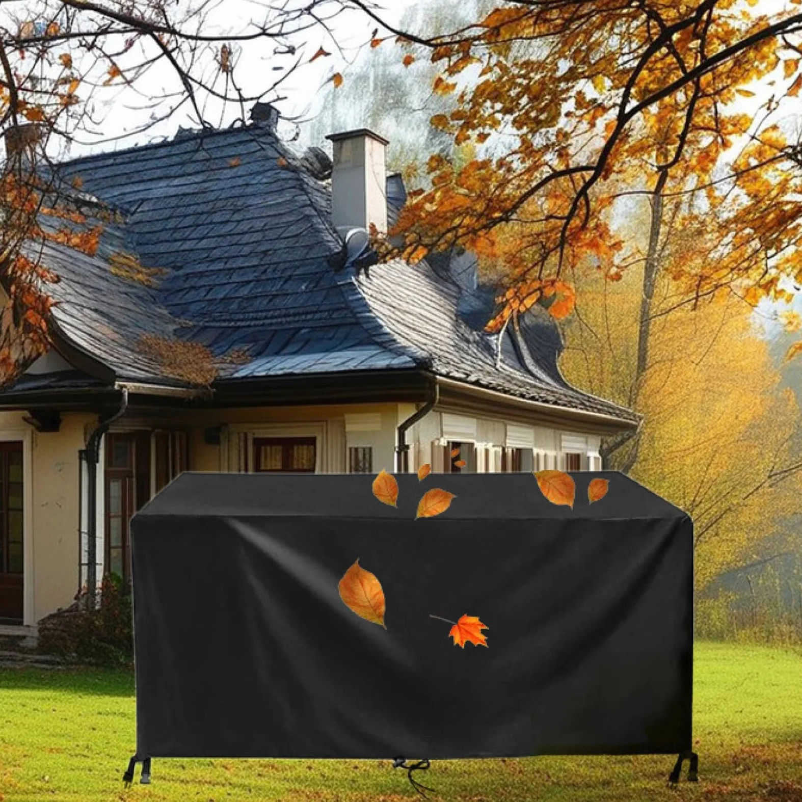 HOLEILUCK Funda Mesa Jardin,Funda para Muebles de Jardín Exterior,Funda Protectora Muebles Jardin Tela Oxford 420D, Anti Viento, Anti UV Funda Cubre Mesa Exterior Negro 390x390x104cm/LxWxH
