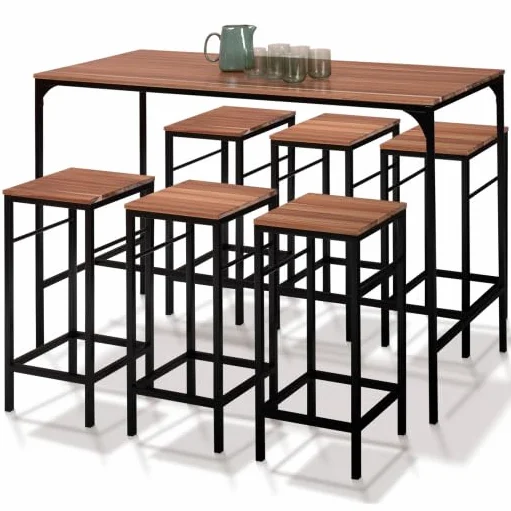 IDMarket – Salón de jardín Panamá Conjunto de bar de mesa alta y 6 taburetes de diseño industrial acacia